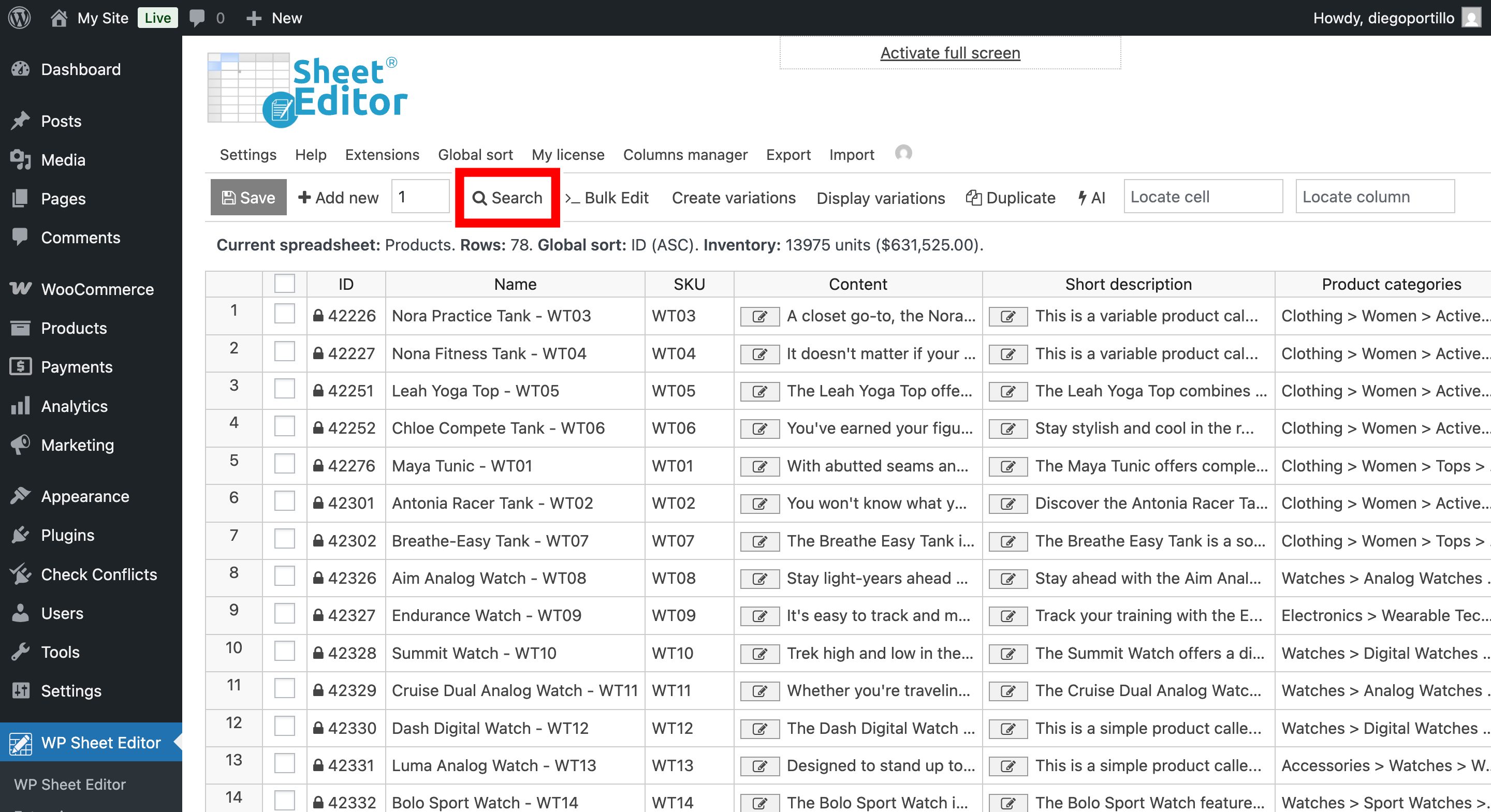 Open the advanced search tool to filter WooCommerce products before capitalizing titles