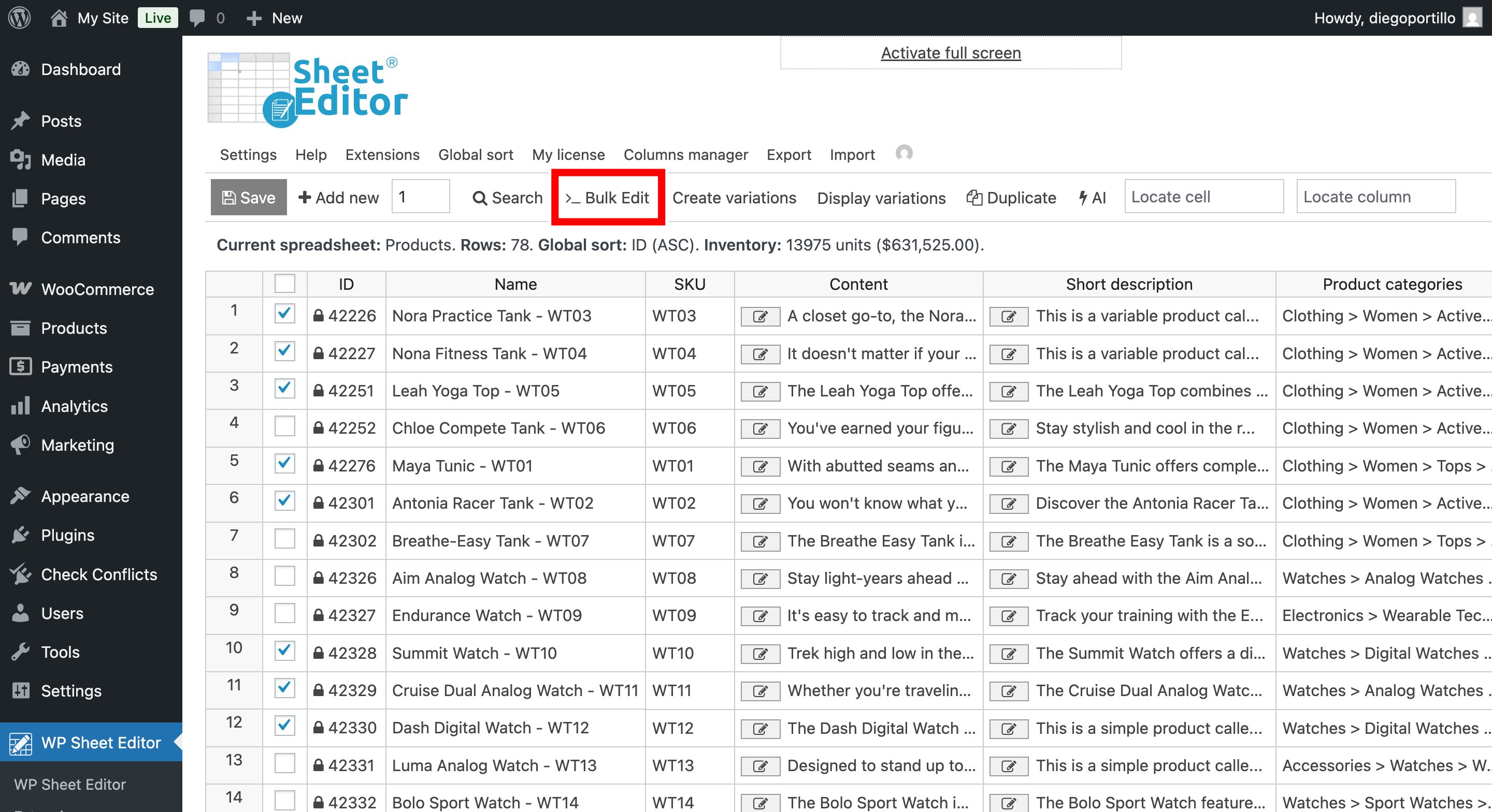 Open the WP Sheet Editor Bulk Edit tool to format WooCommerce product titles