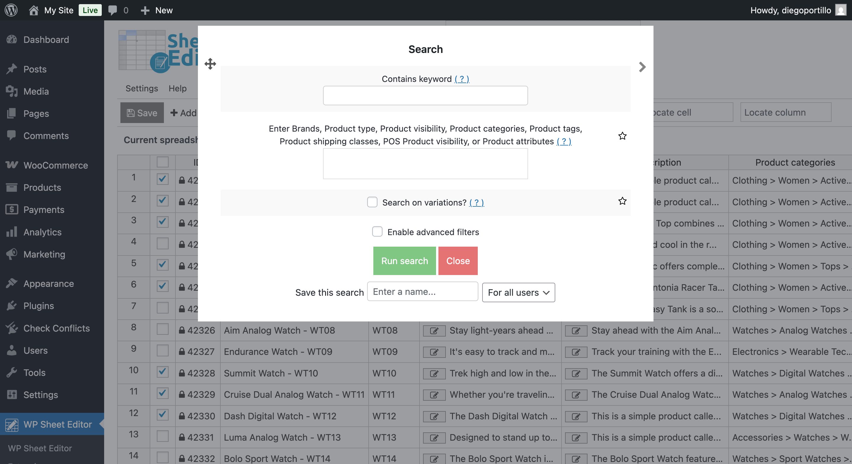 Filter WooCommerce products by keyword, category, or brand to bulk edit product names