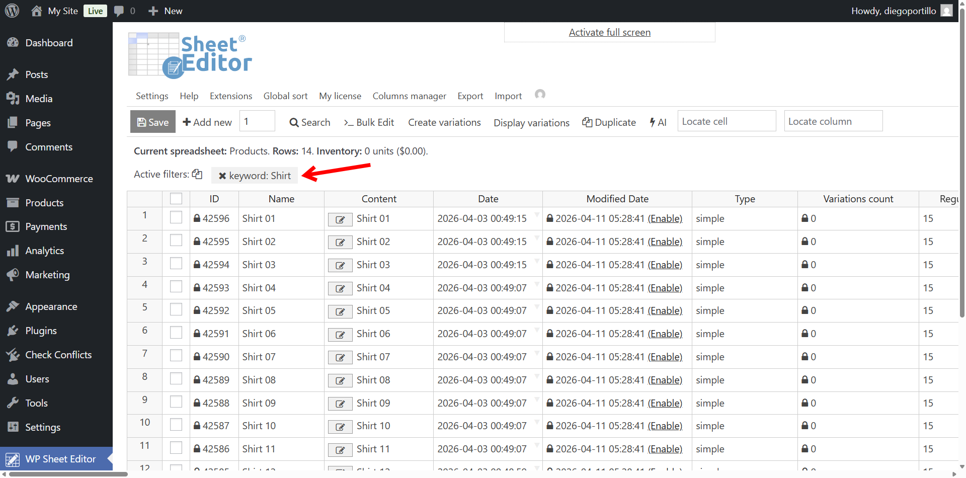 Review the filtered WooCommerce products in the spreadsheet before applying bulk changes