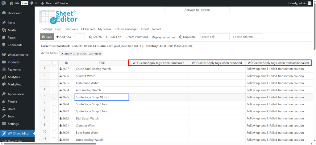 WooCommerce: How to Bulk Edit WP Fusion Product Tags - WP Sheet Editor