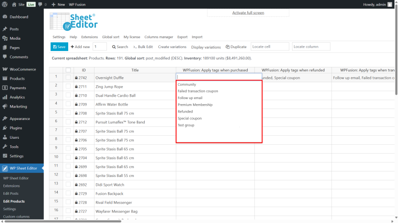 WooCommerce: How to Bulk Edit WP Fusion Product Tags - WP Sheet Editor