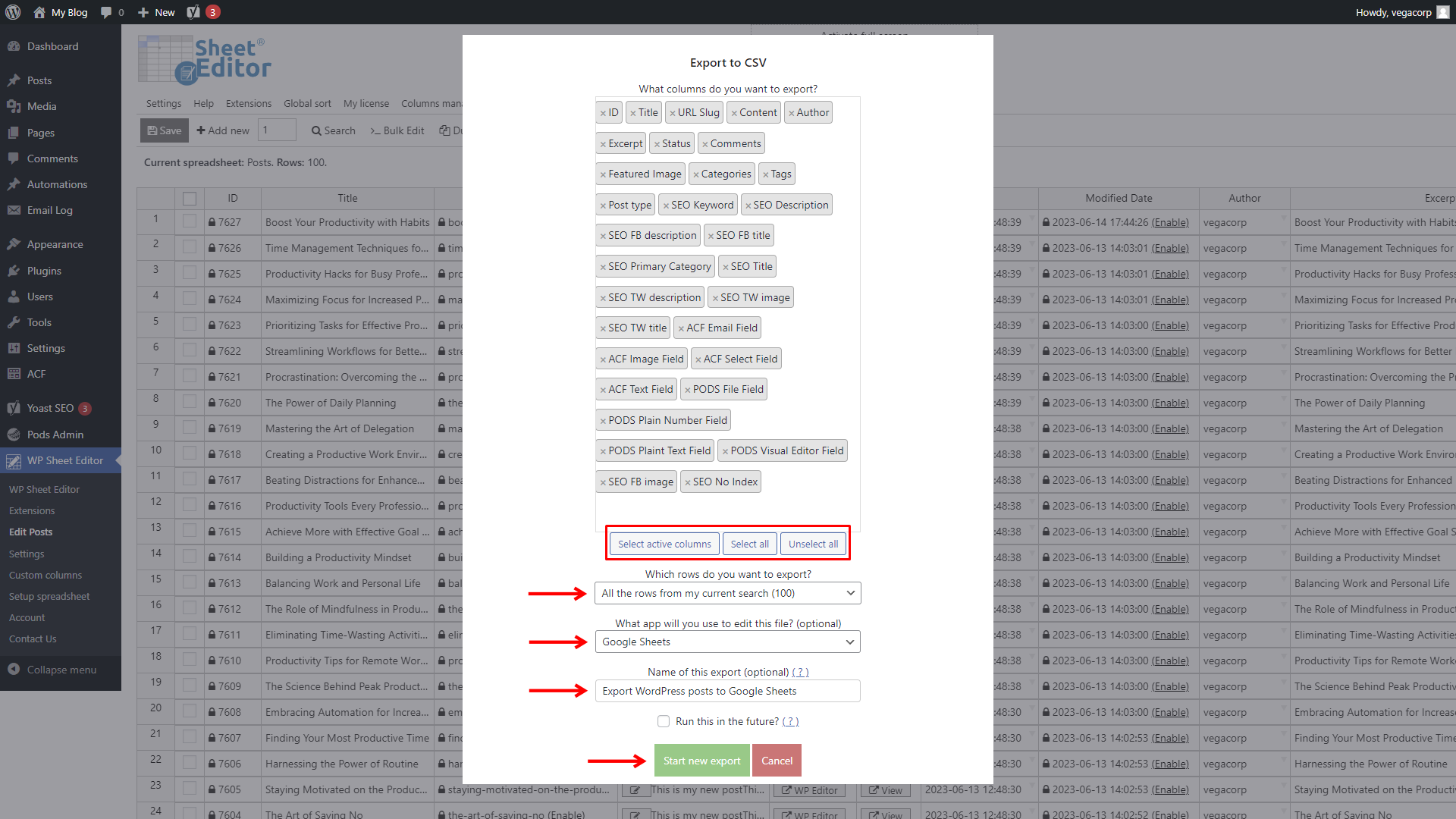 How to export WordPress content to Google Sheets immediately