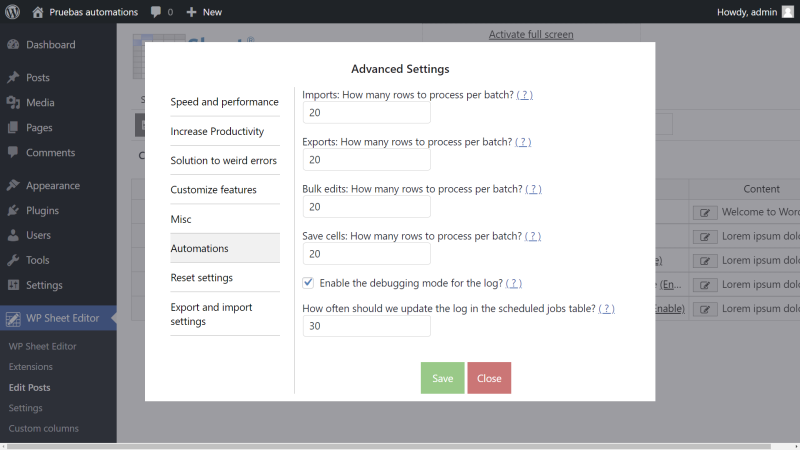 Automations: Advanced Settings - WP Sheet Editor