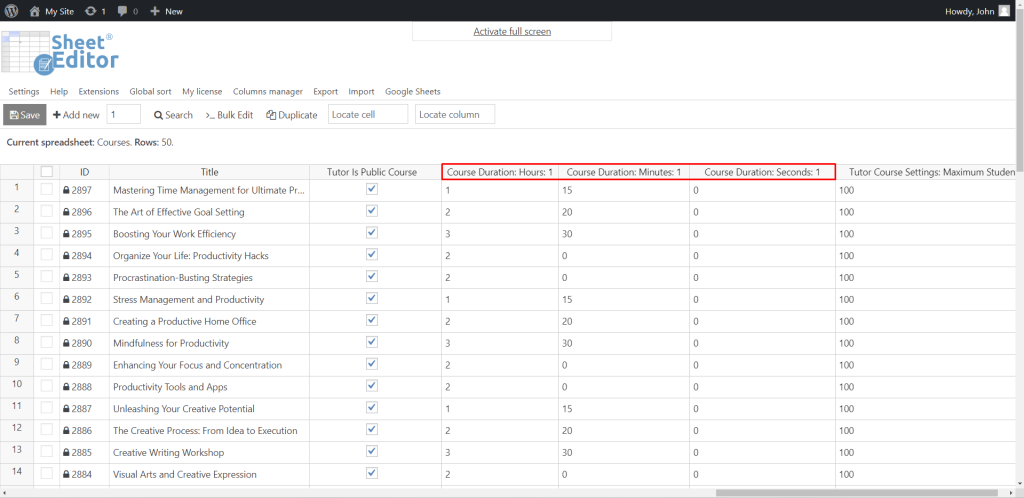 Tutor LMS - How to Bulk Edit Courses in a Spreadsheet - WP Sheet Editor