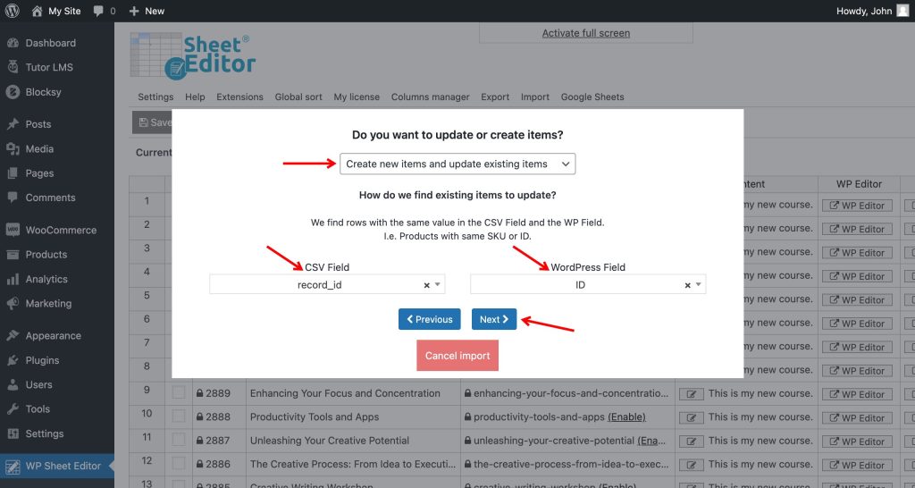 Tutor LMS - How to Export and Import Courses using CSV - WP Sheet Editor