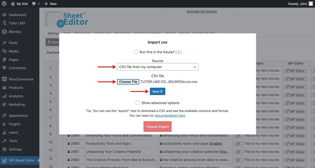 Tutor LMS - How to Export and Import Courses using CSV - WP Sheet Editor