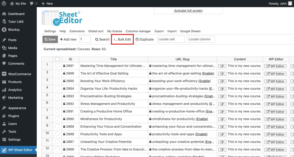 Tutor LMS - How to Bulk Edit Courses in a Spreadsheet - WP Sheet Editor