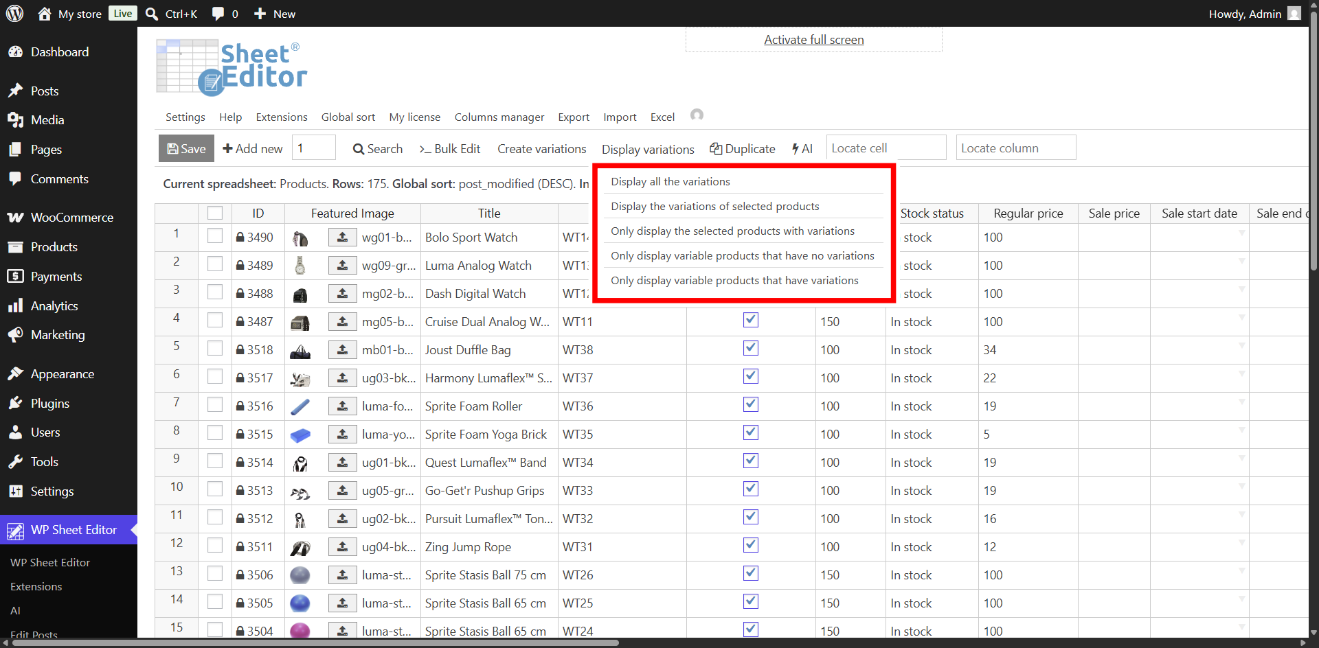 Display variations options dropdown in WP Sheet Editor
