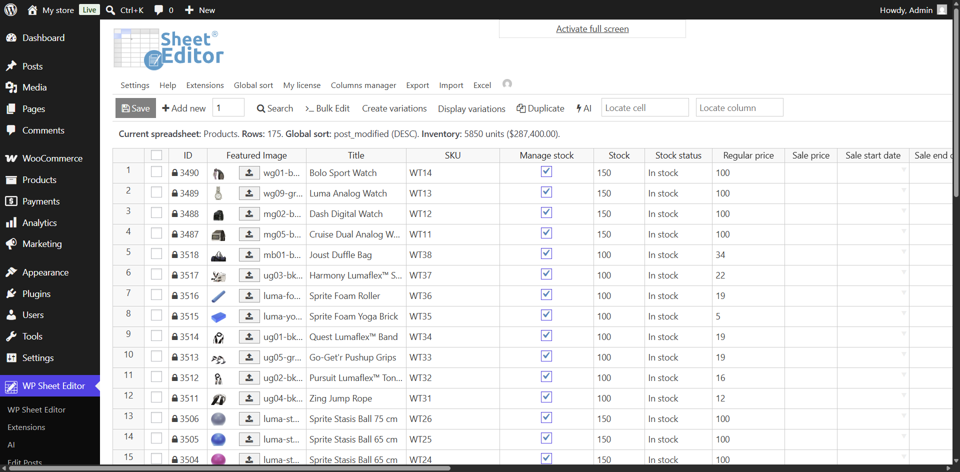 display WooCommerce variations spreadsheet