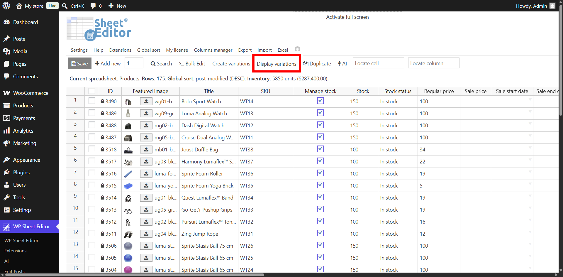 view WooCommerce variations spreadsheet
