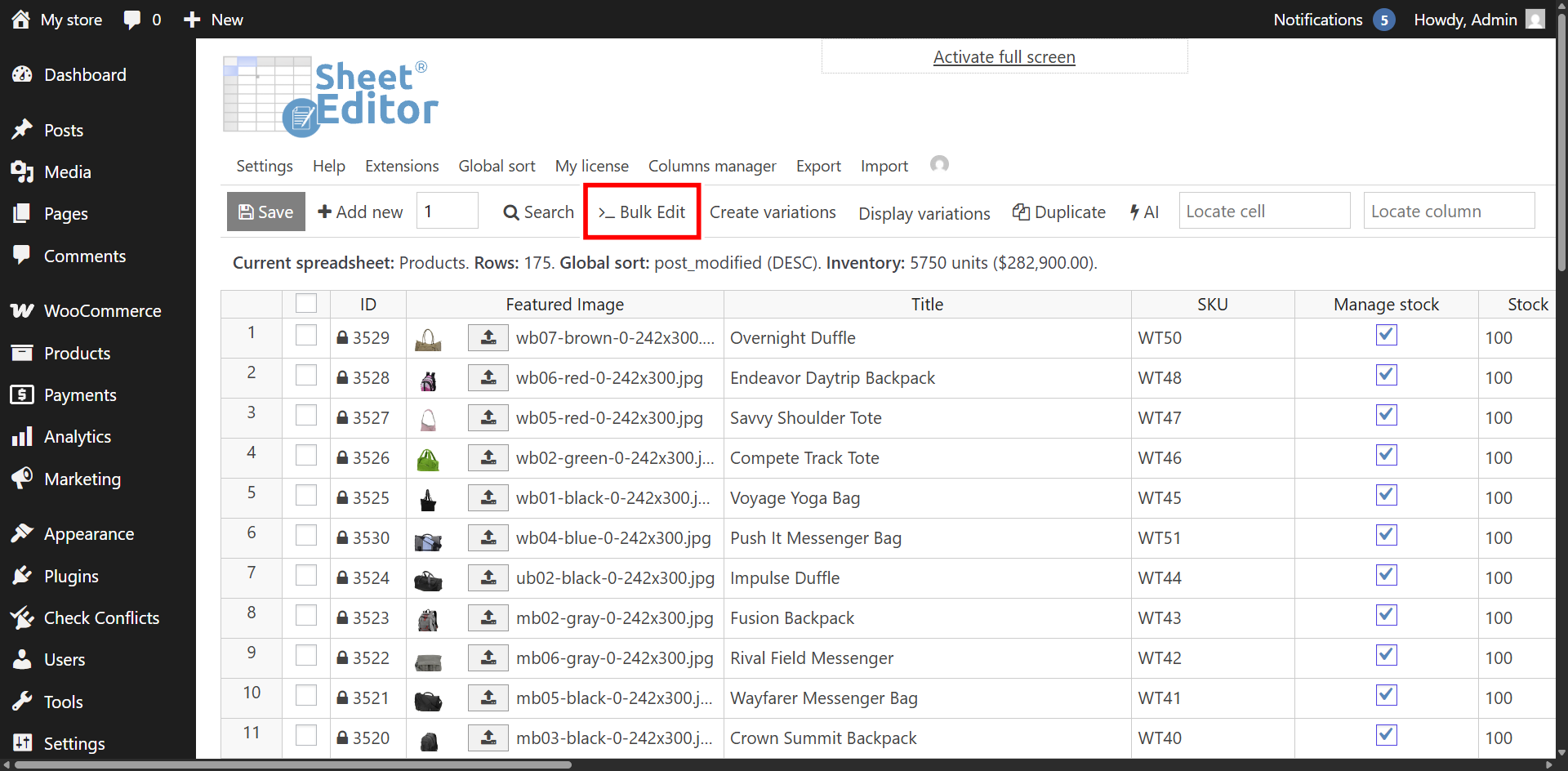 Open Bulk Edit tool in WP Sheet Editor
