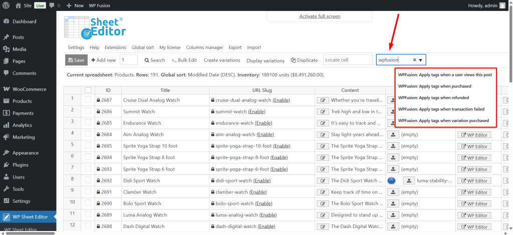 WooCommerce: How to Bulk Edit WP Fusion Product Tags - WP Sheet Editor