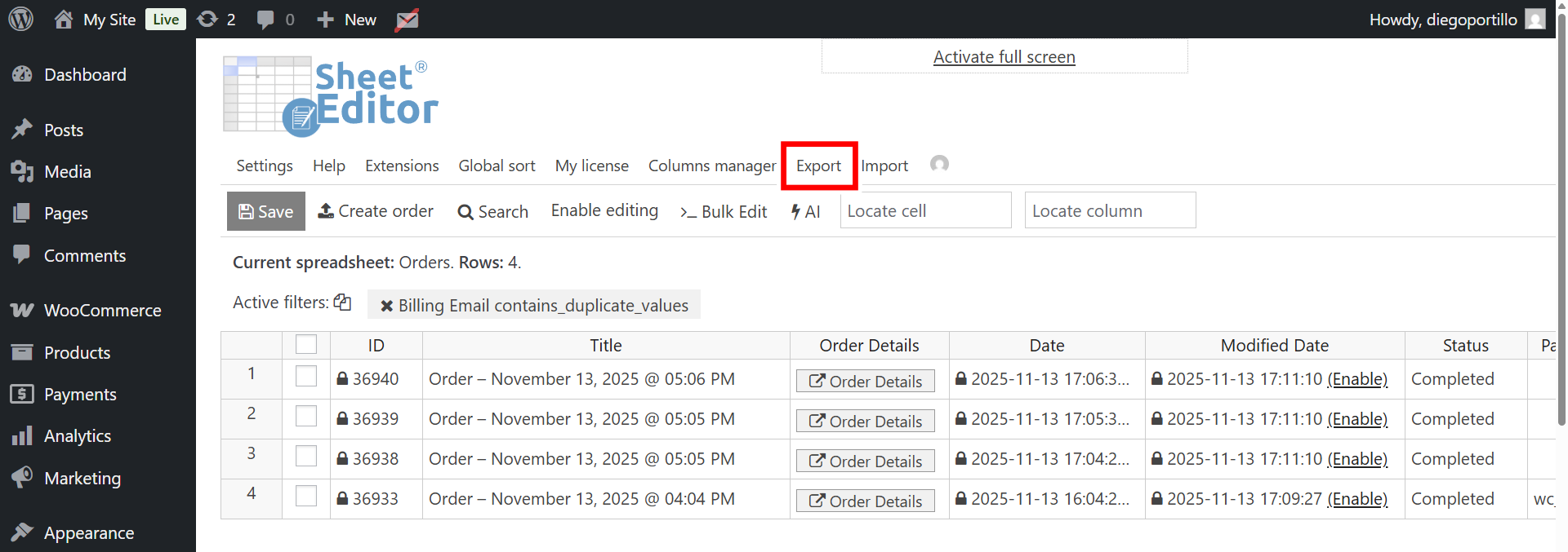 Export the list of customers with multiple orders