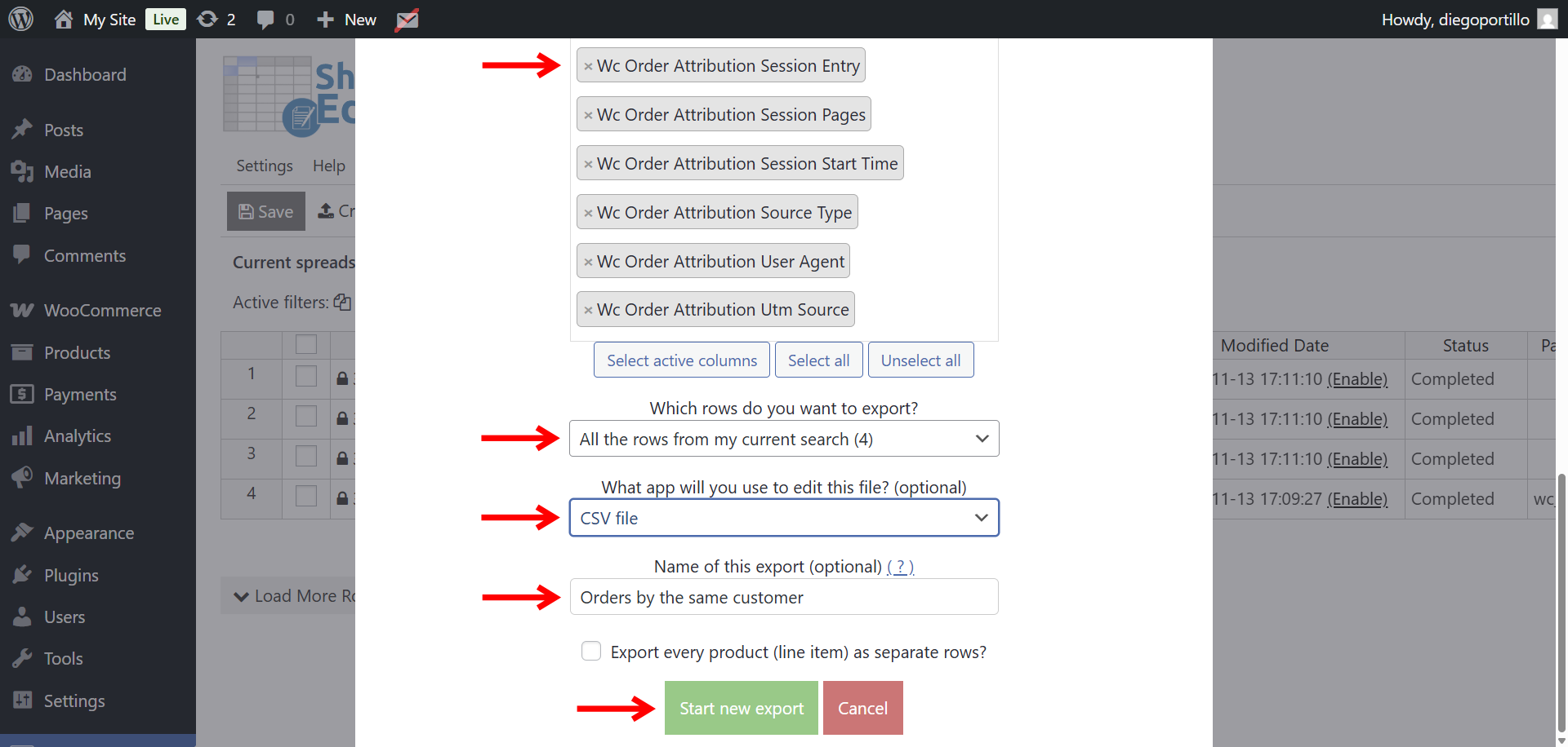 Export the list of customers with multiple orders