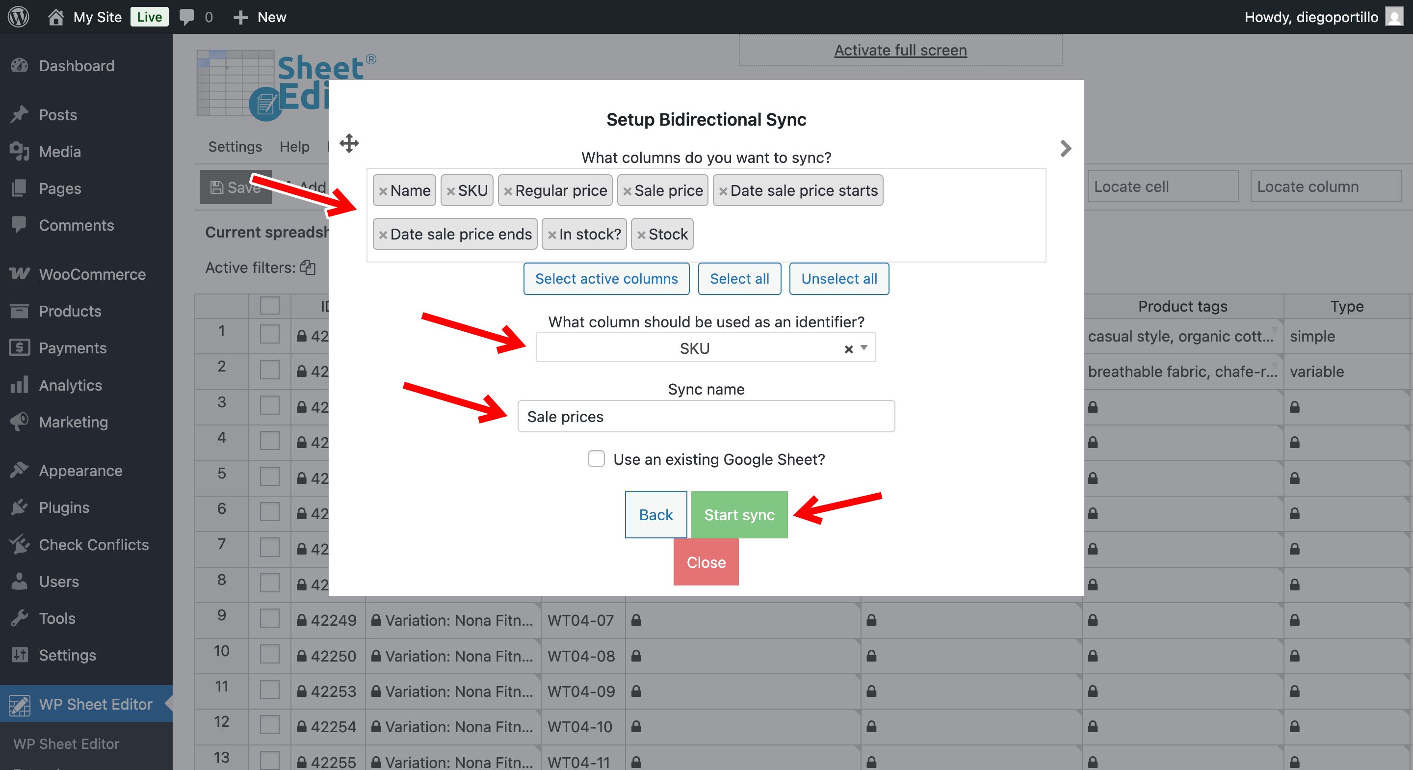 woocommerce manage sale prices in google sheets