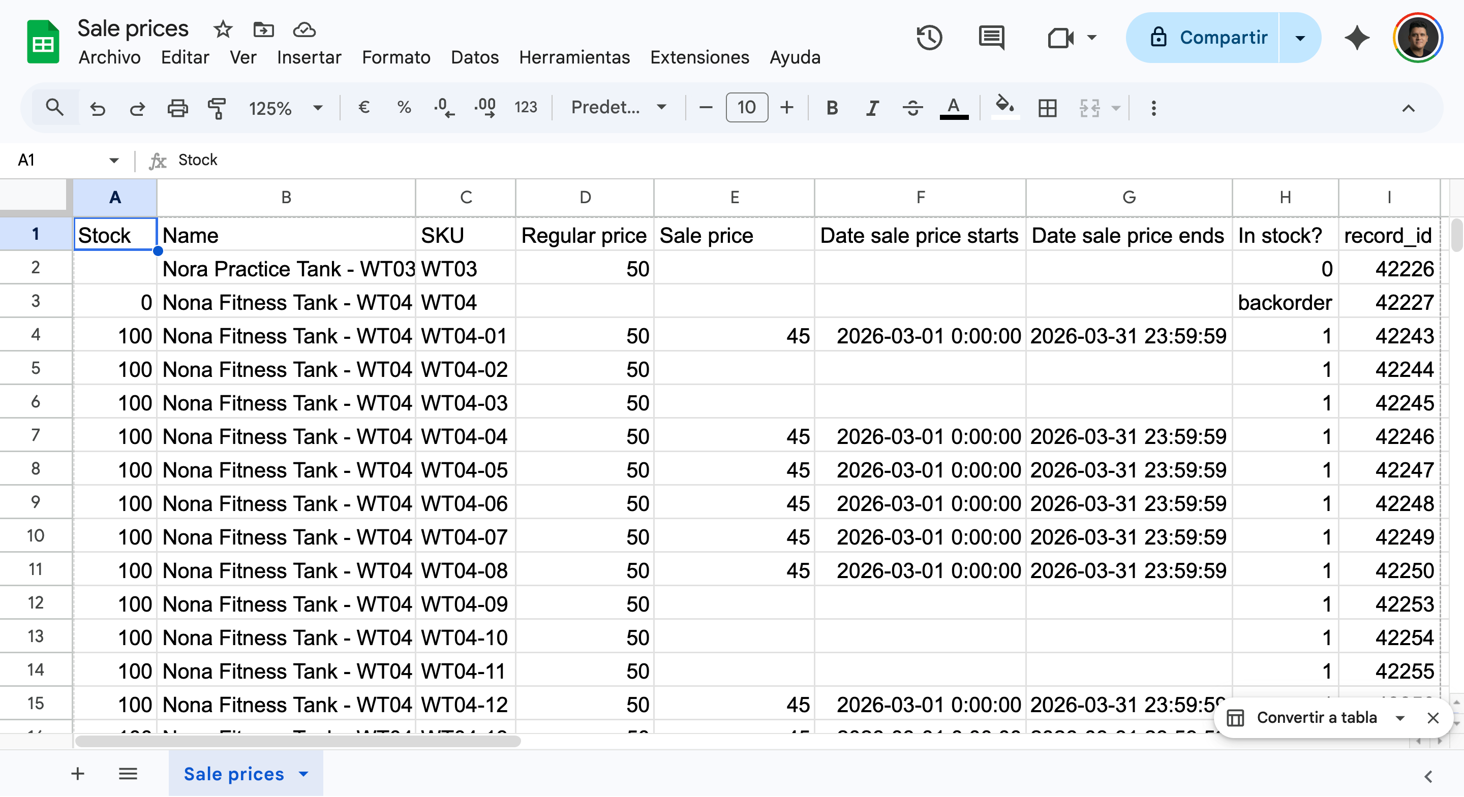 woocommerce manage sale prices in google sheets
