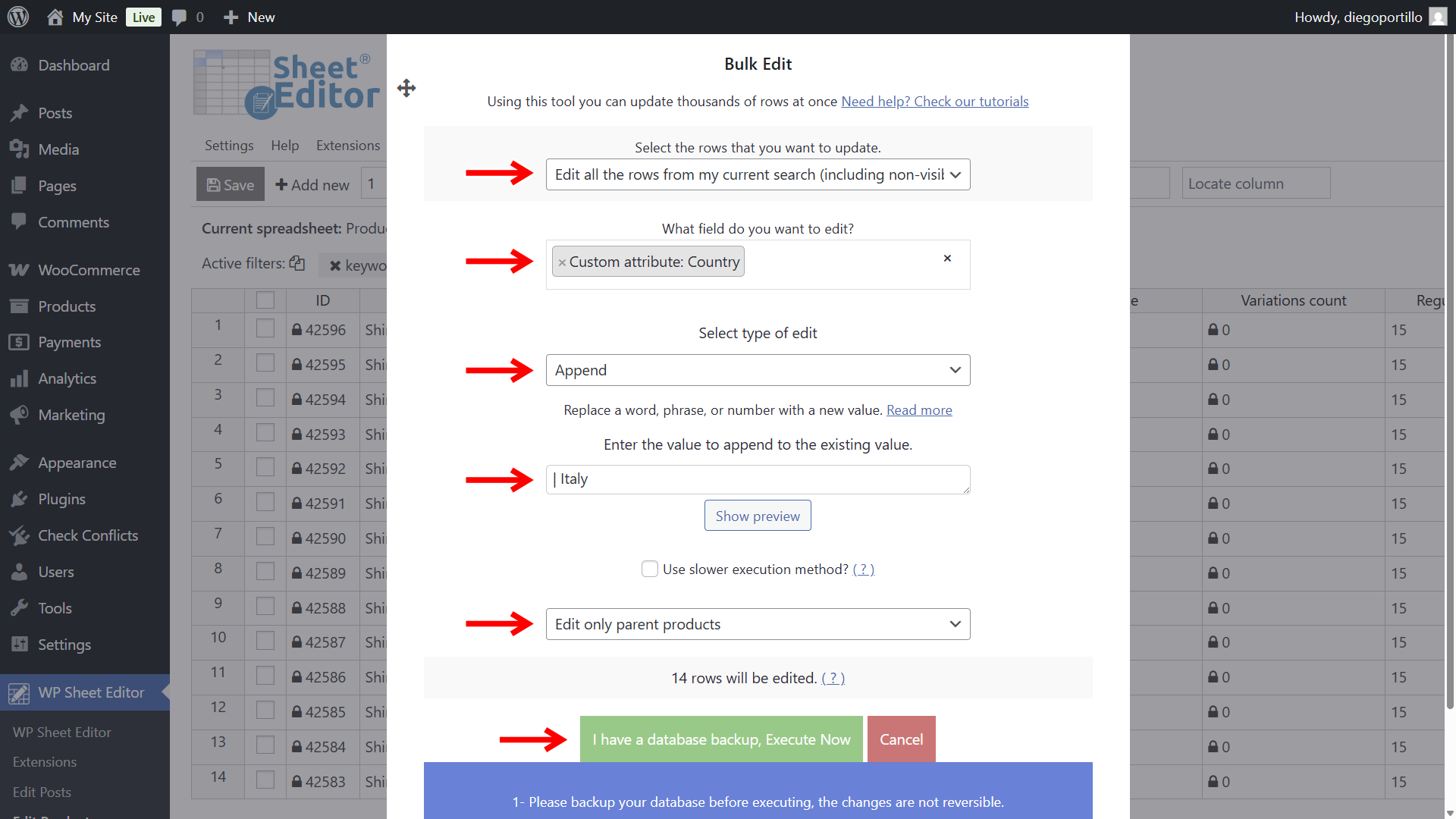 Bulk append new values to an existing WooCommerce custom attribute using the pipe separator