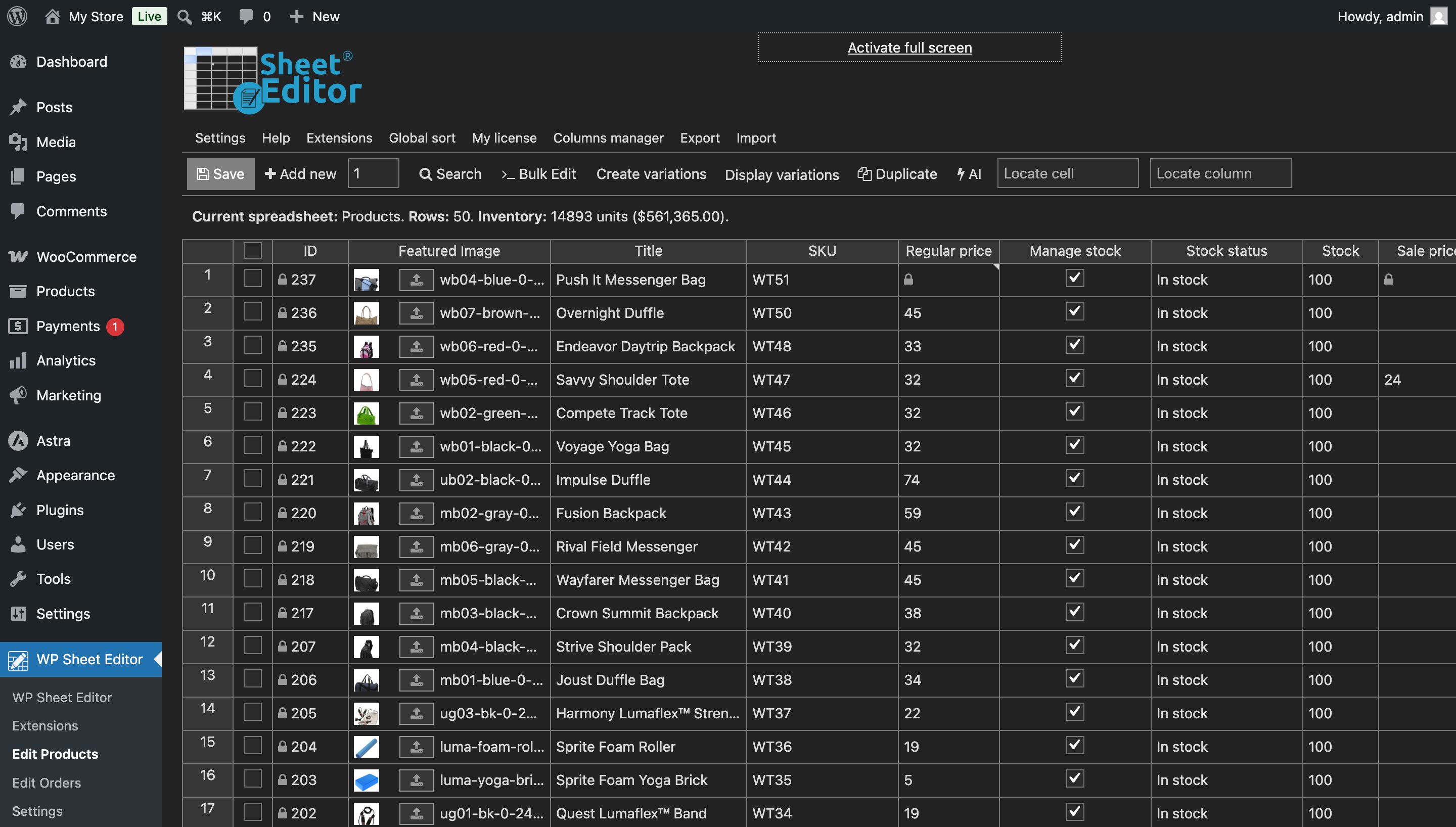 WP Sheet Editor WooCommerce products spreadsheet interface with dark mode enabled