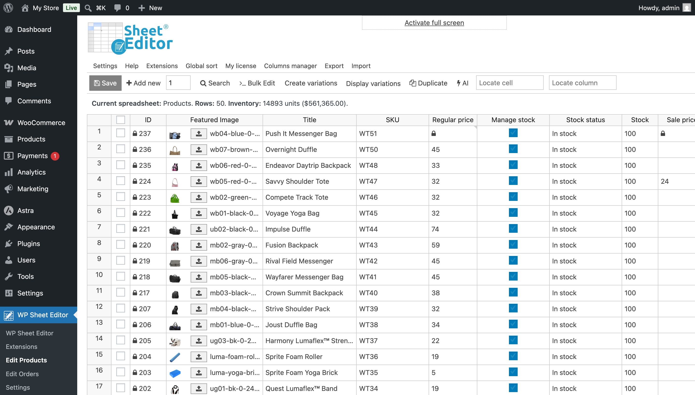 WP Sheet Editor interface showing the WooCommerce products spreadsheet grid in light mode