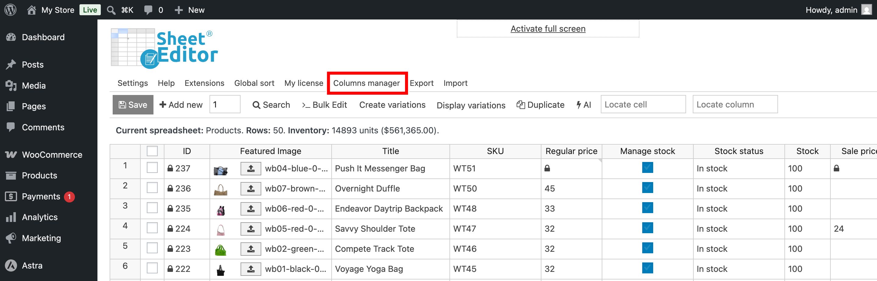 WP Sheet Editor column manager interface showing enabled and disabled database fields