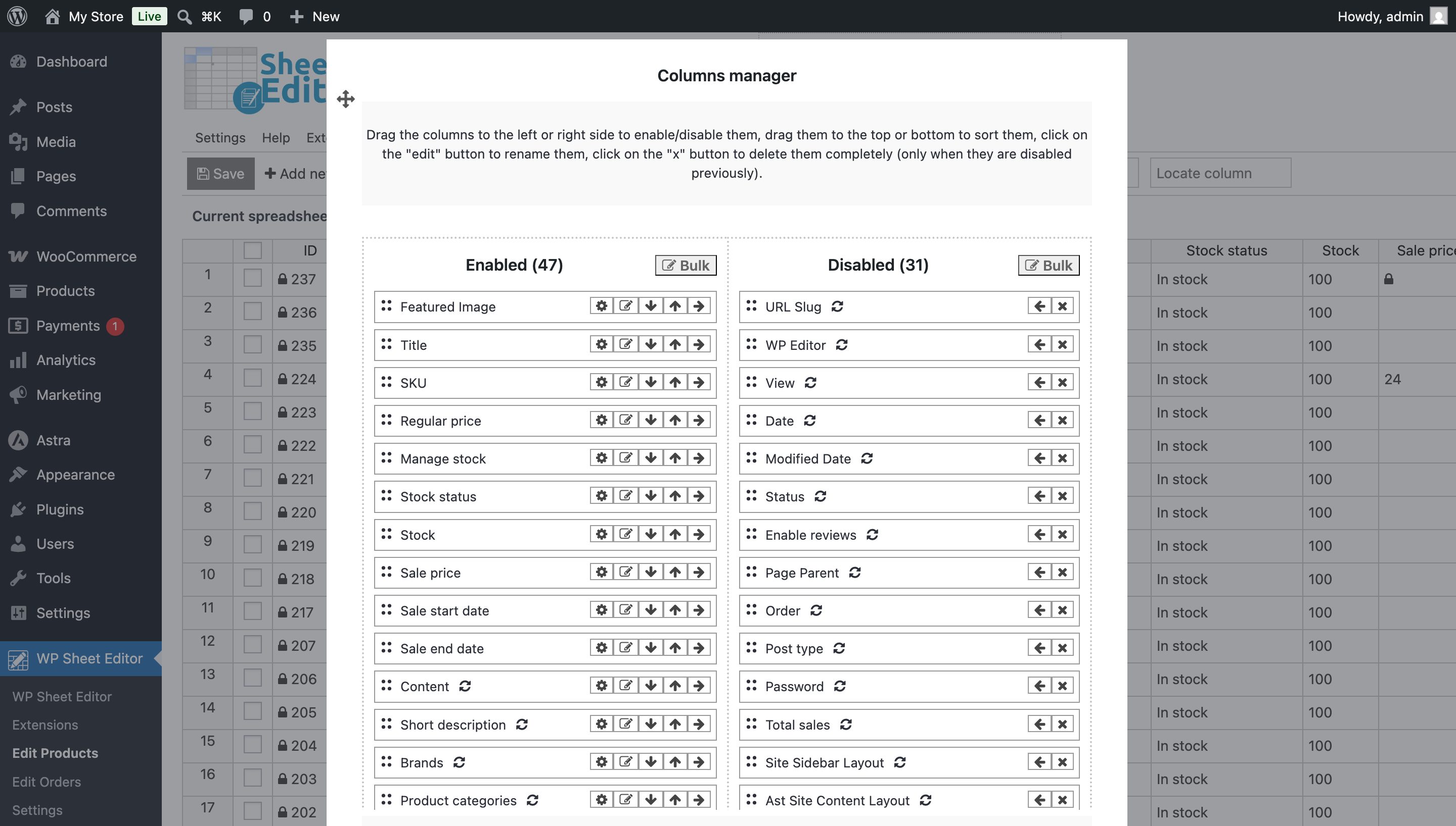 WP Sheet Editor column manager interface showing enabled and disabled database fields