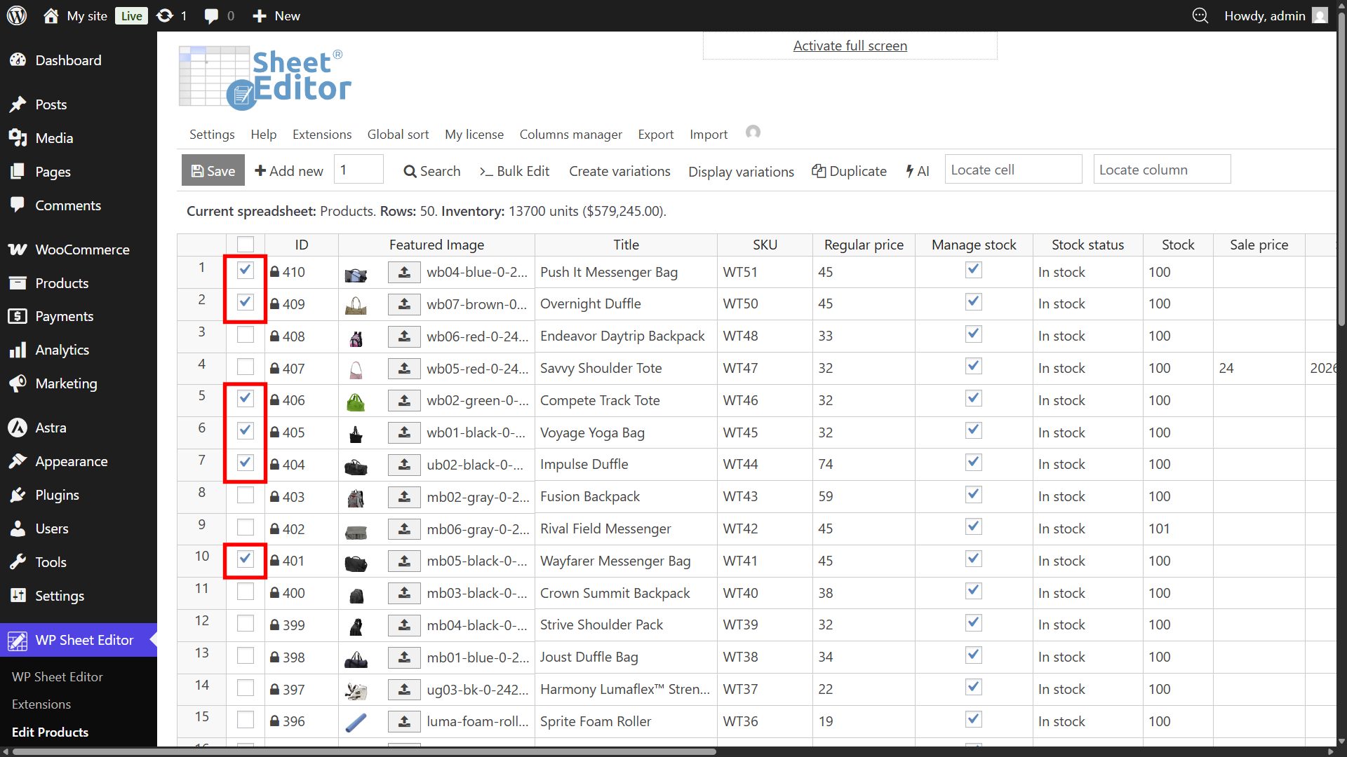 Selecting specific WooCommerce products using the manual checkboxes in the WP Sheet Editor grid