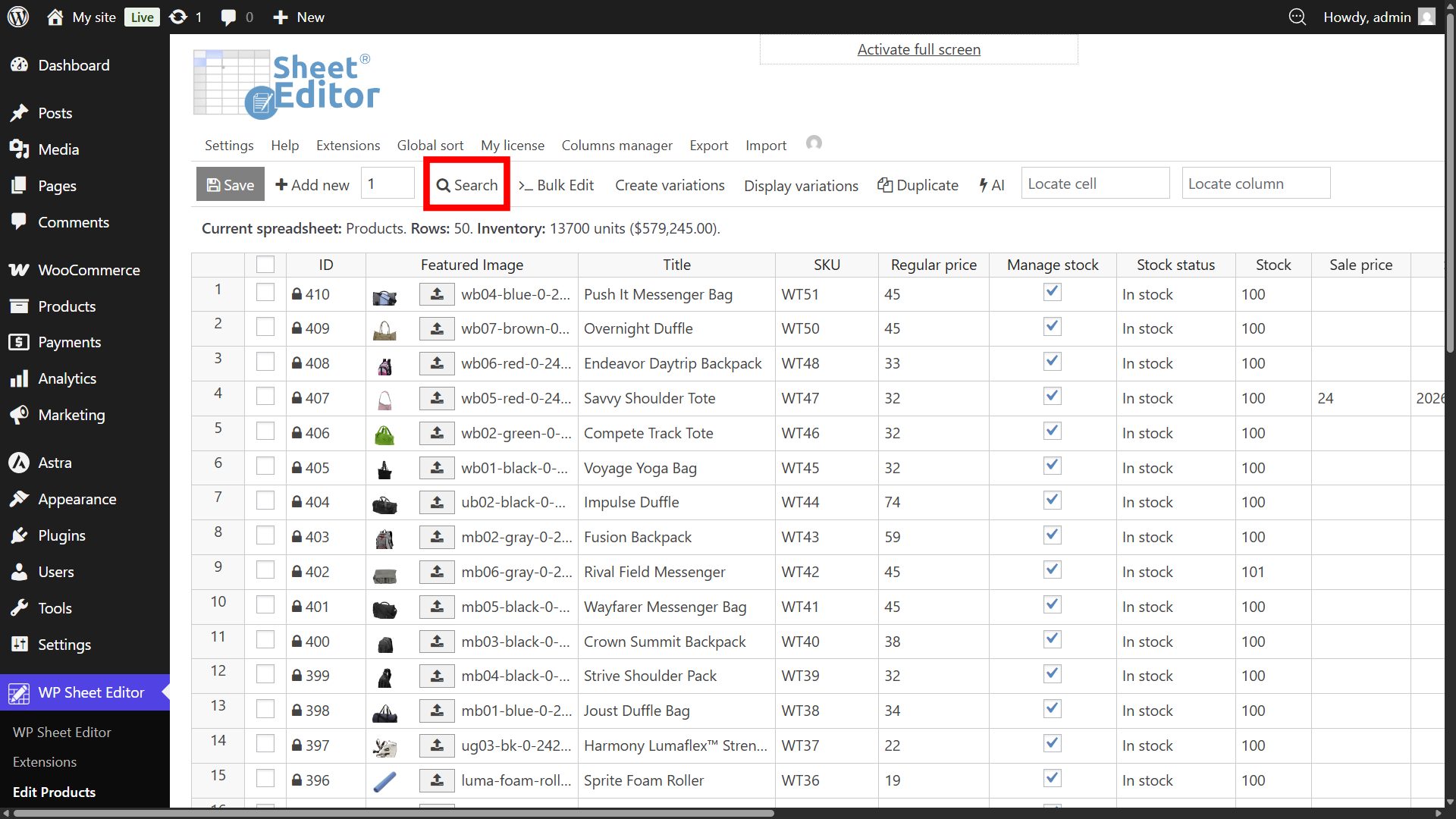 Opening the advanced search tool to filter WooCommerce products for bulk editing