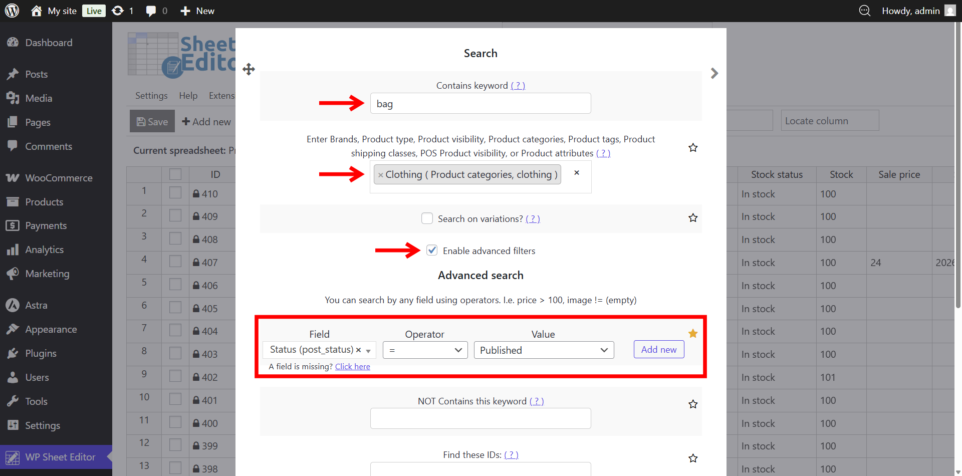 Configuring advanced search parameters to isolate specific WooCommerce products