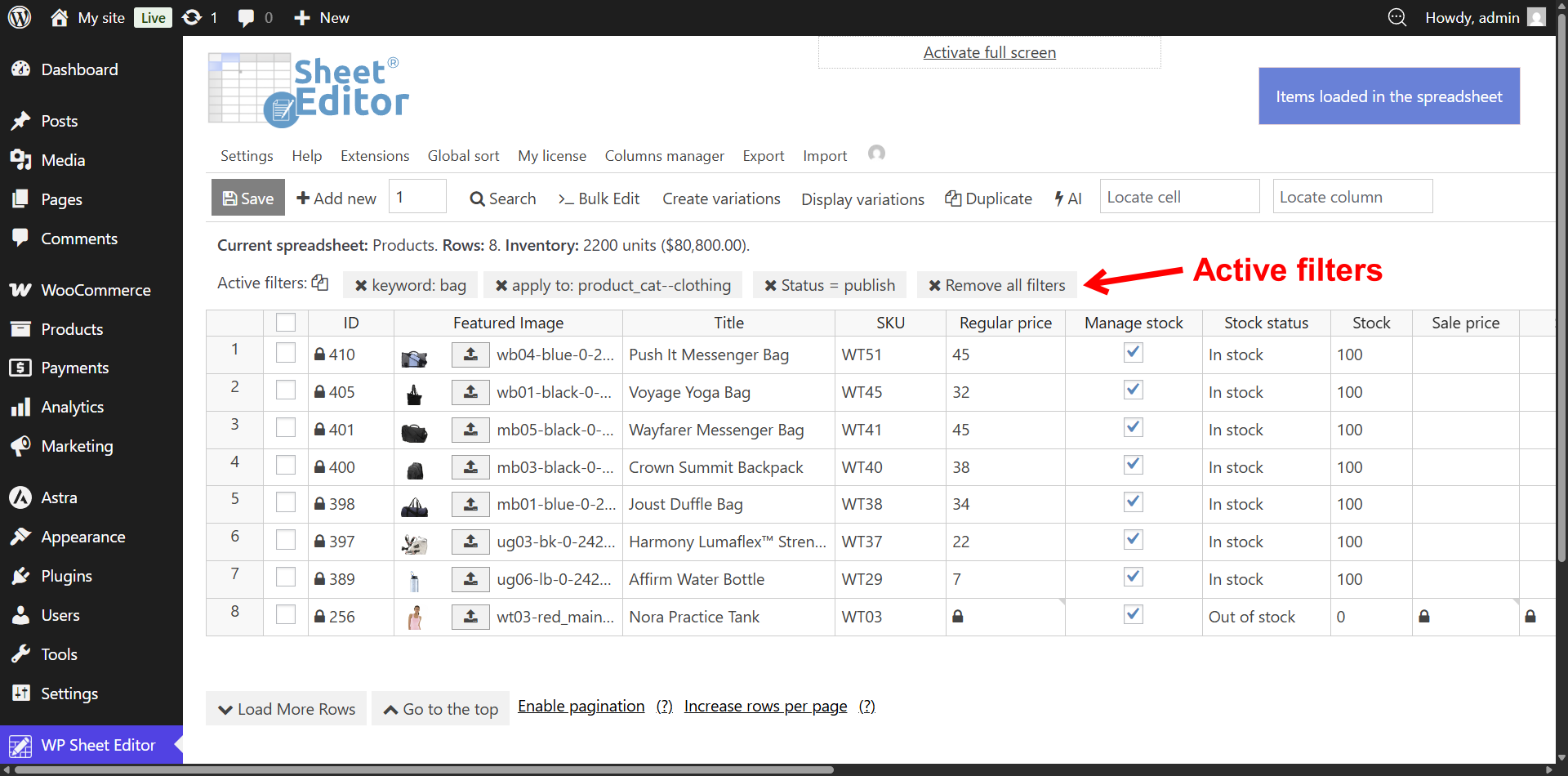 Viewing the filtered results of WooCommerce products ready for mass editing