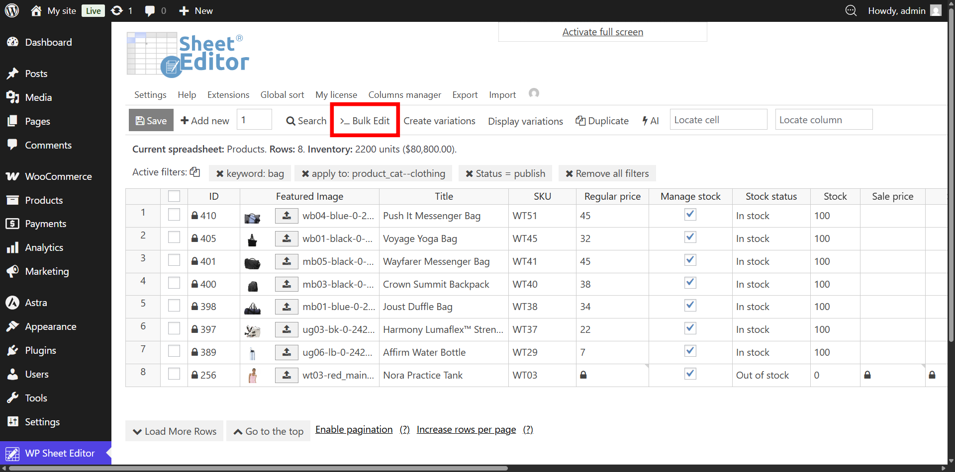 Opening the WooCommerce Bulk Edit tool interface in WP Sheet Editor