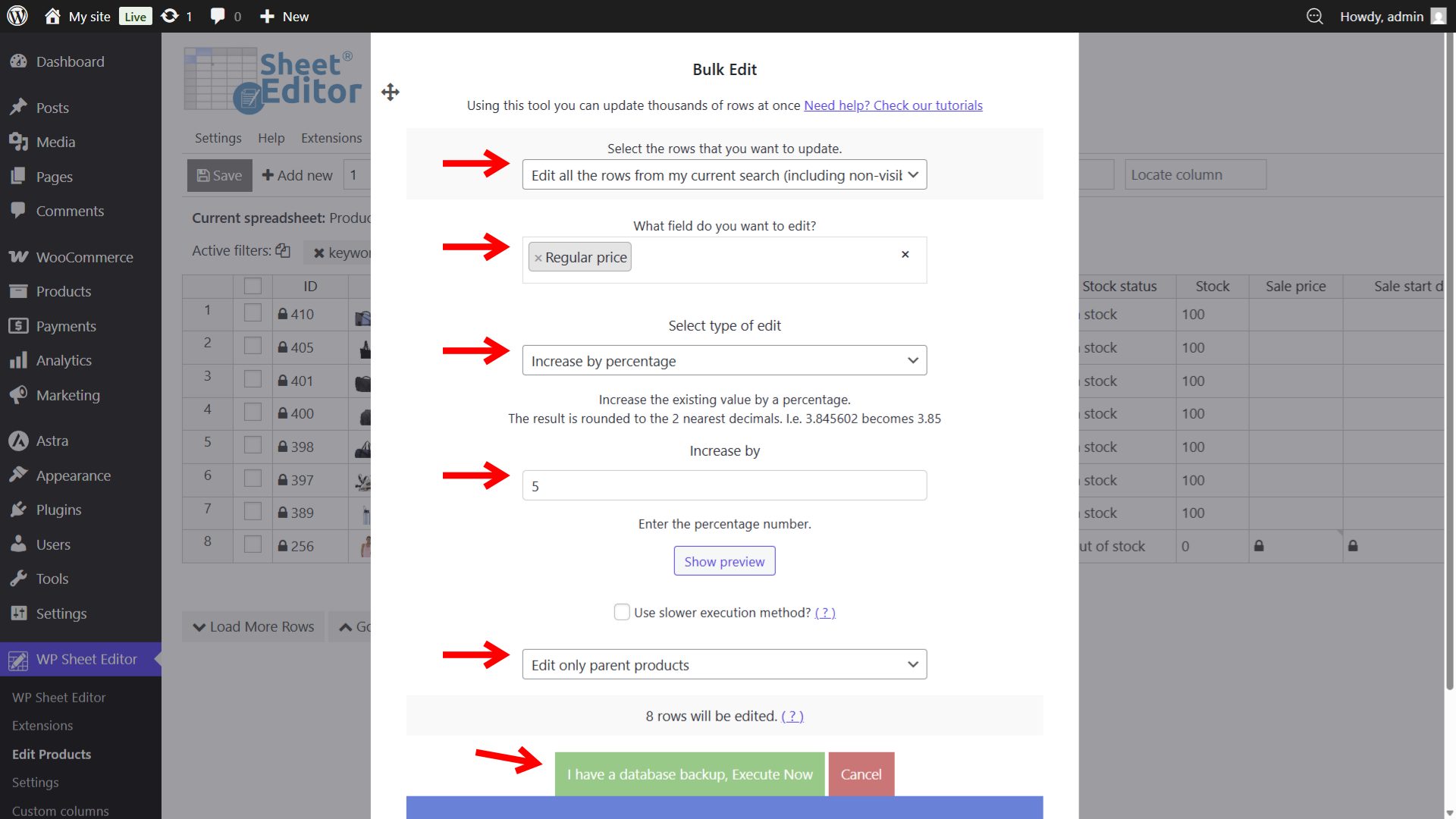 Applying a percentage-based bulk price increase to WooCommerce products