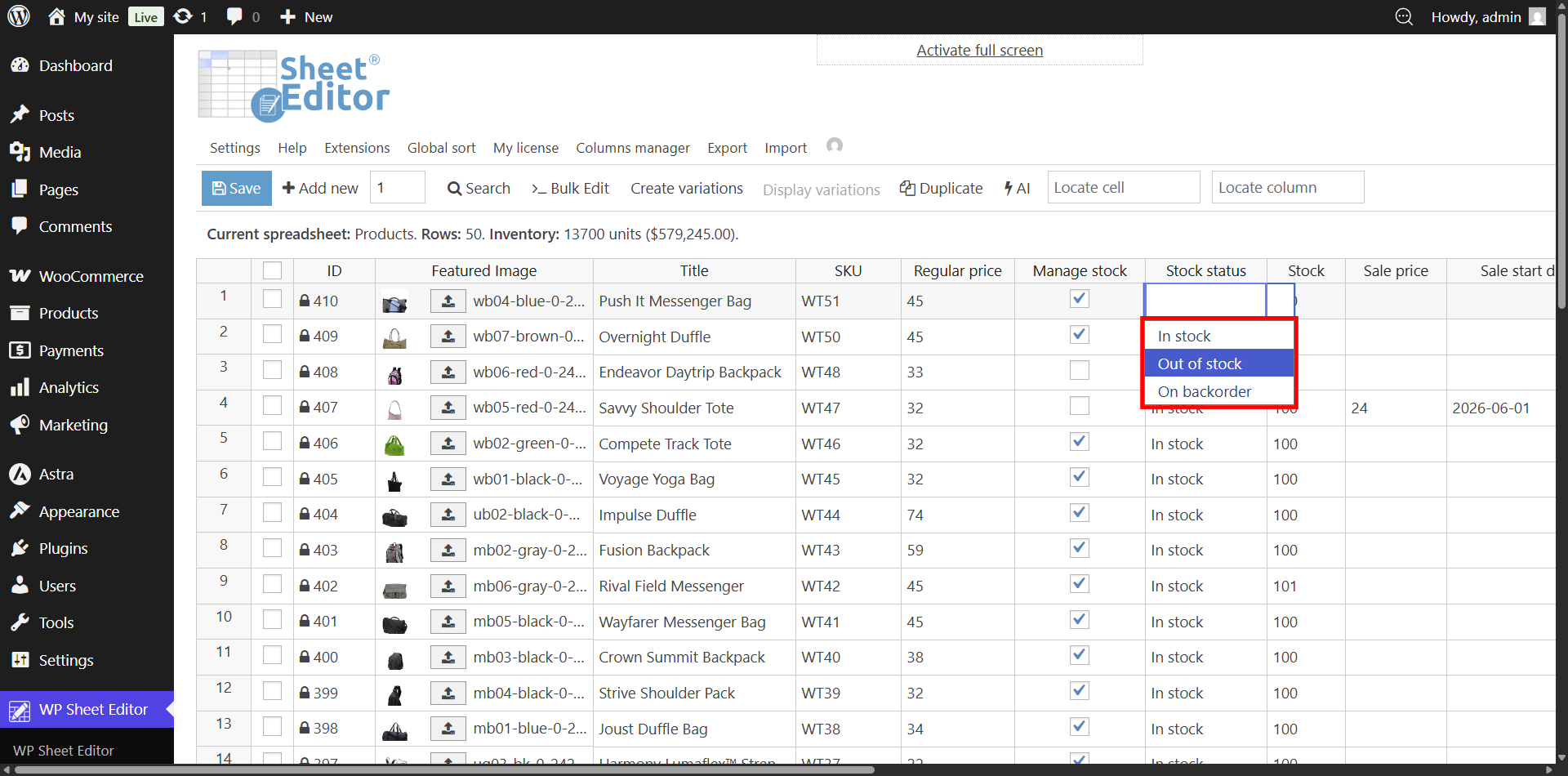 Changing WooCommerce stock status and catalog visibility using predefined spreadsheet dropdowns