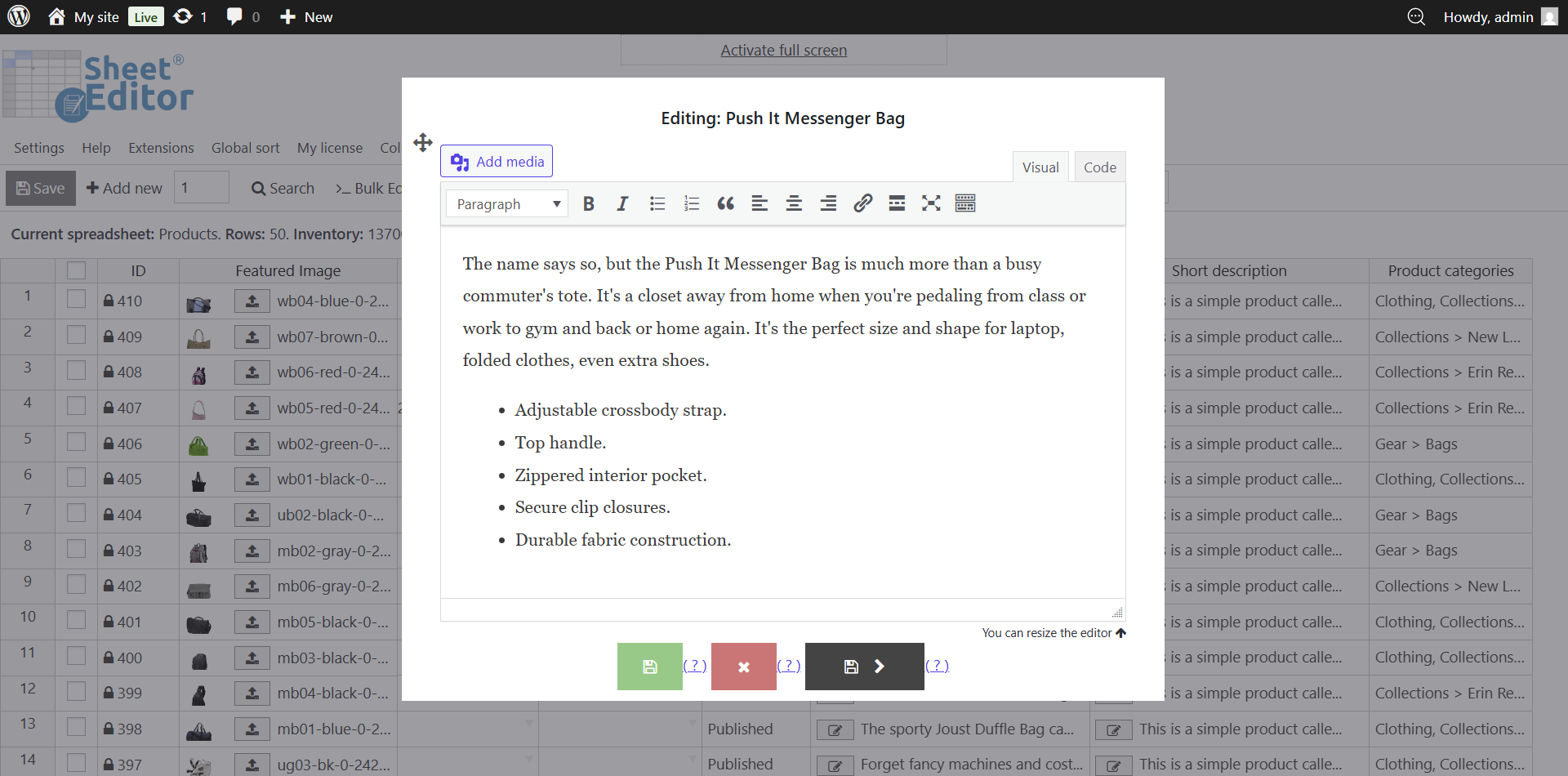 Editing long-form WooCommerce product descriptions using the compact pop-up text editor
