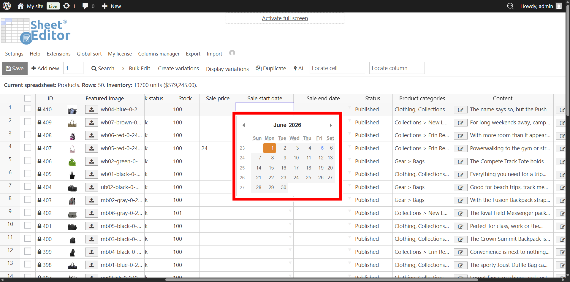 Using the visual calendar selector to schedule WooCommerce sale dates in bulk