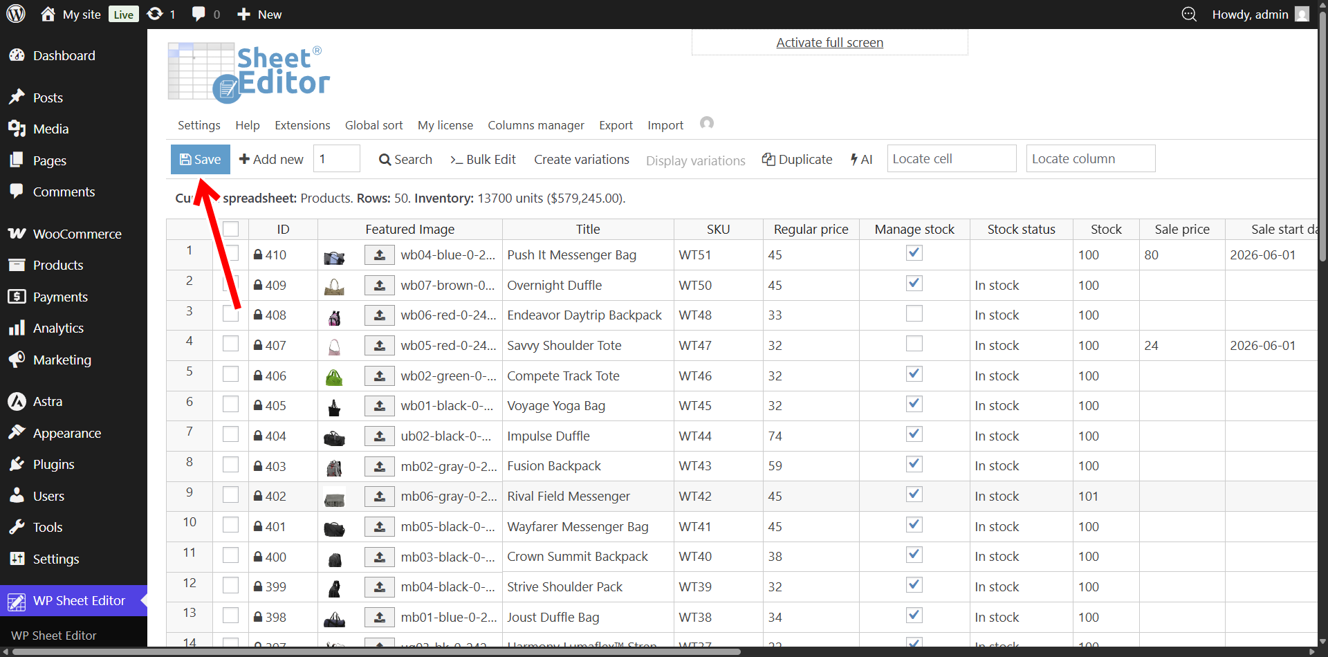 Saving WooCommerce product edits to sync the spreadsheet grid with the live WordPress database