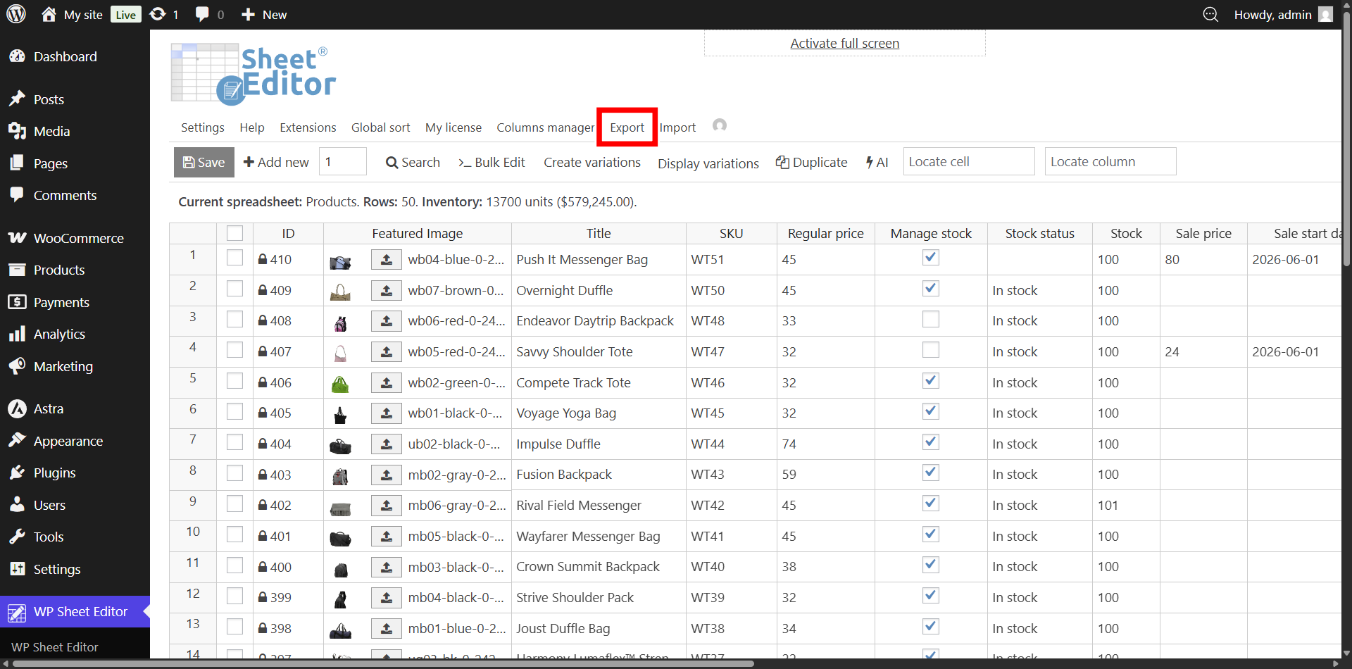 Clicking the export button in WP Sheet Editor to download WooCommerce product data