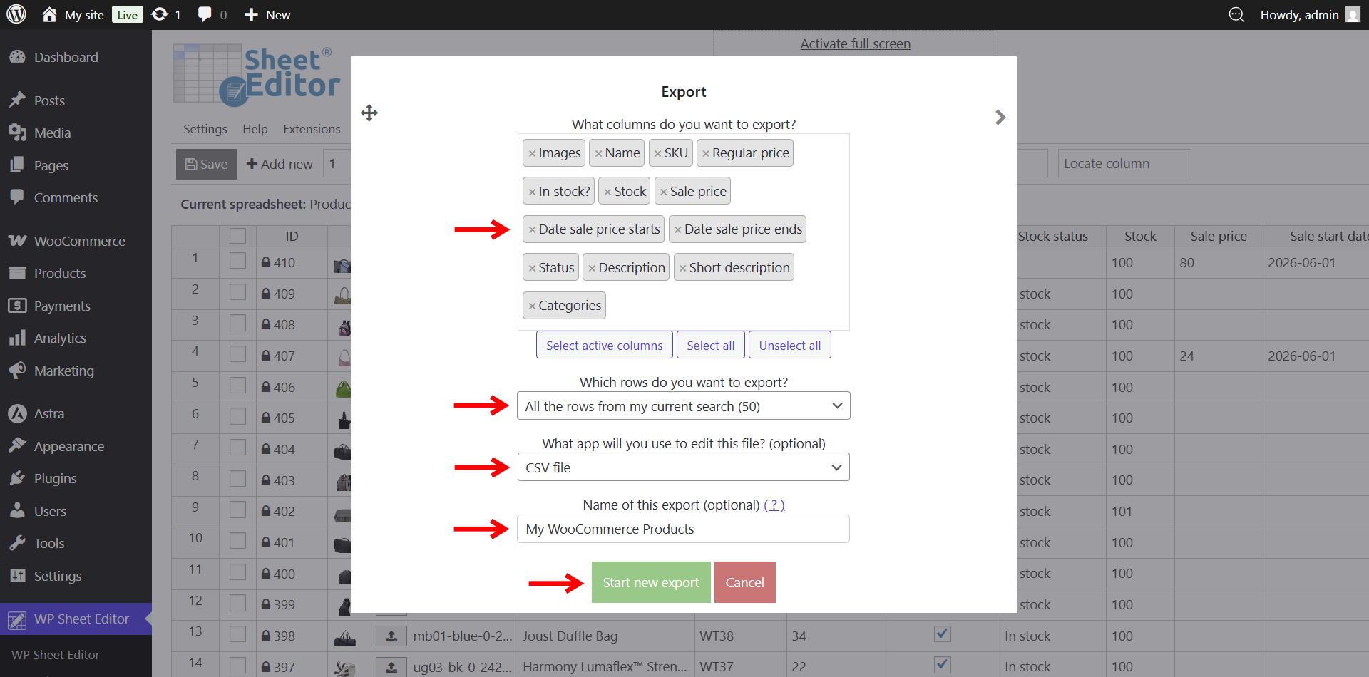 Configuring the column, row, and software settings for a WooCommerce CSV export