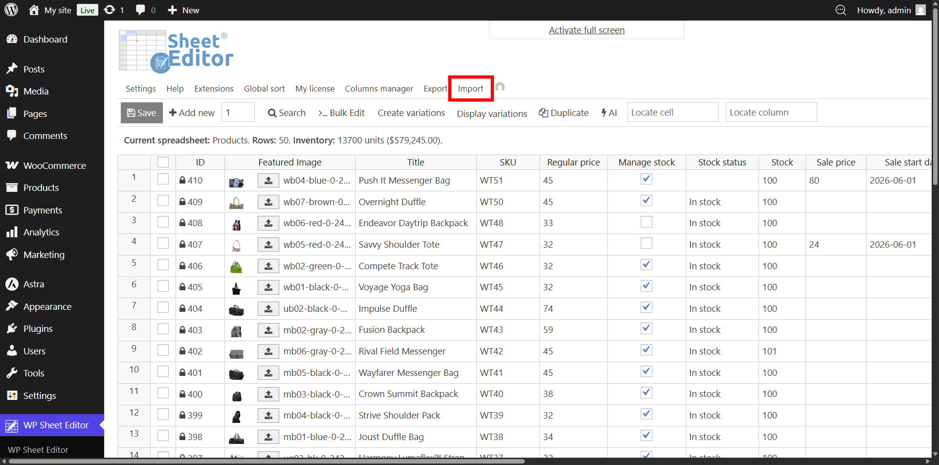 Opening the WP Sheet Editor import tool to upload a modified CSV file