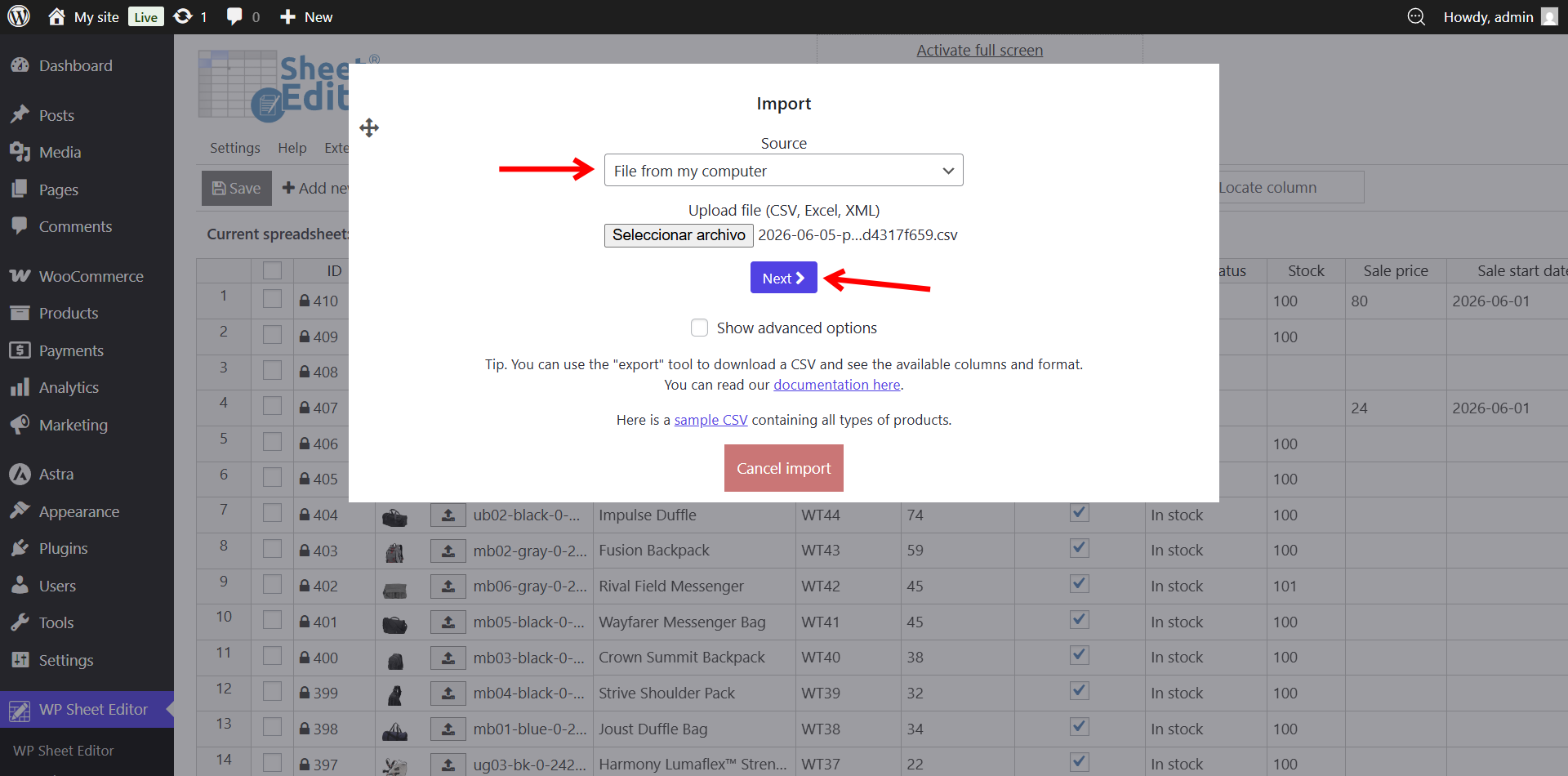 Selecting the bulk edited CSV file from local storage for upload