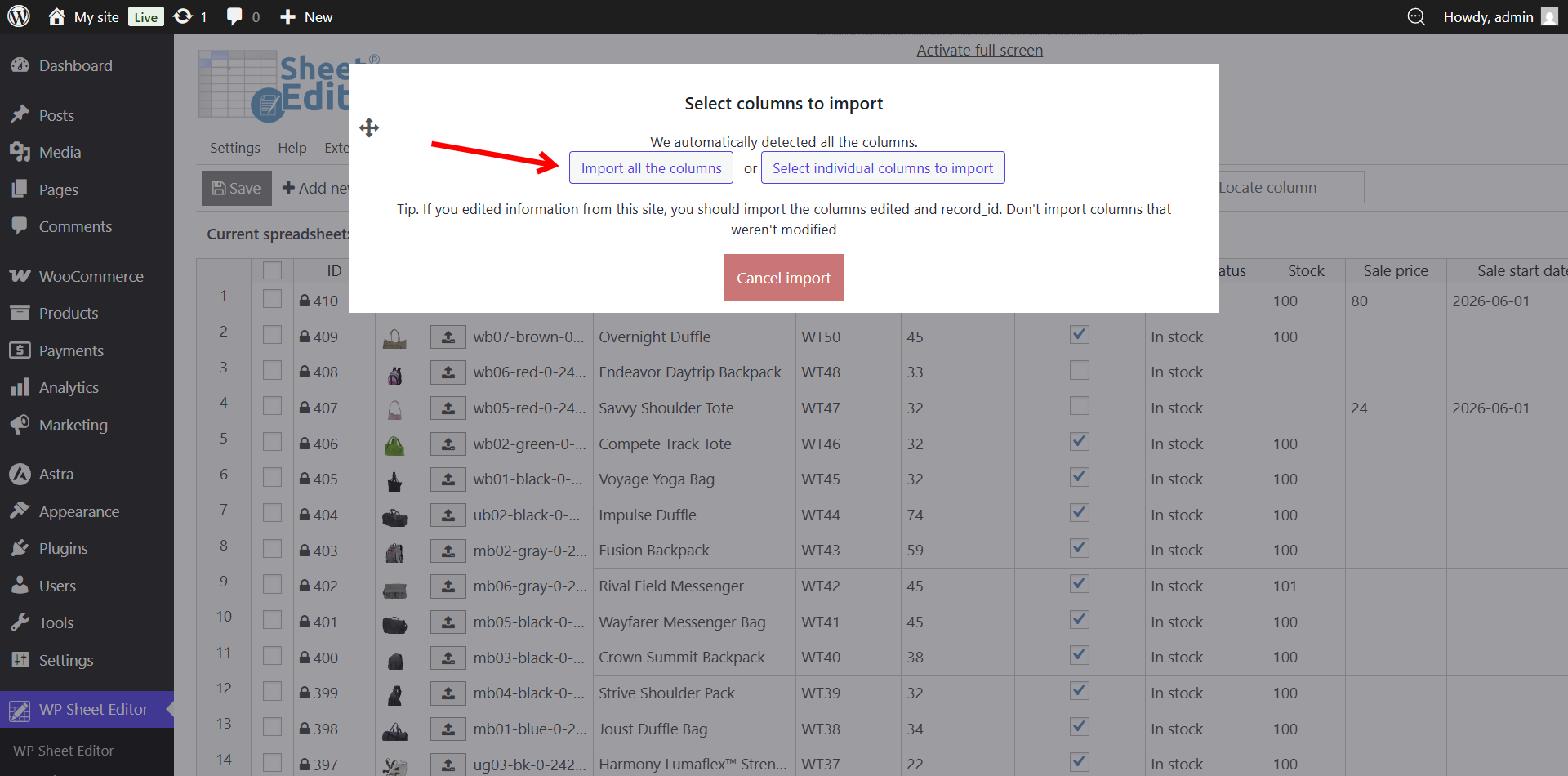 Automatically mapping the offline CSV columns to the live WooCommerce database fields