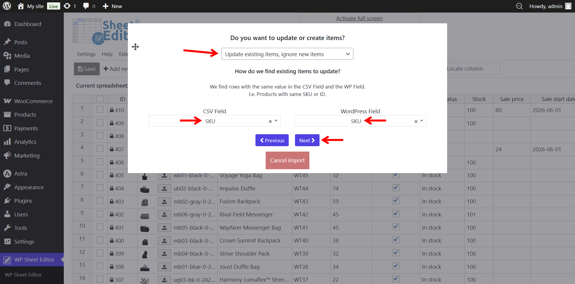 Configuring the import engine to update existing products based on their unique ID
