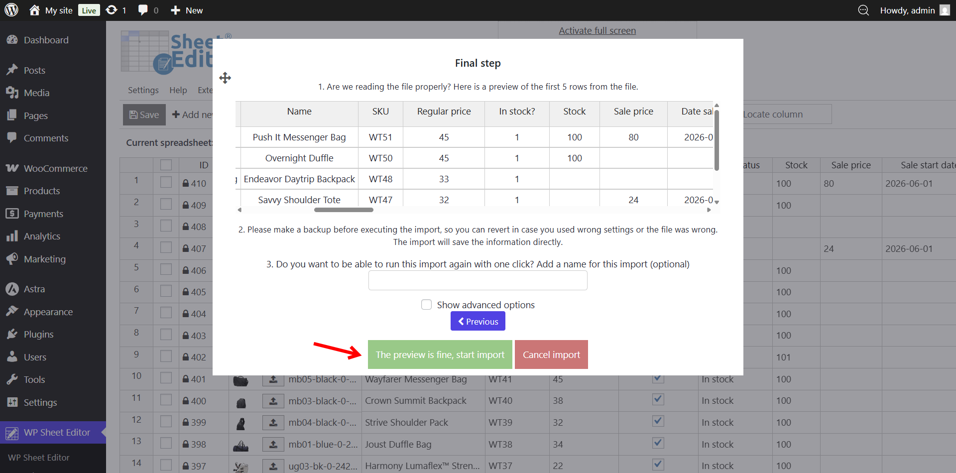 Executing the final CSV import to push all offline product updates to the live store