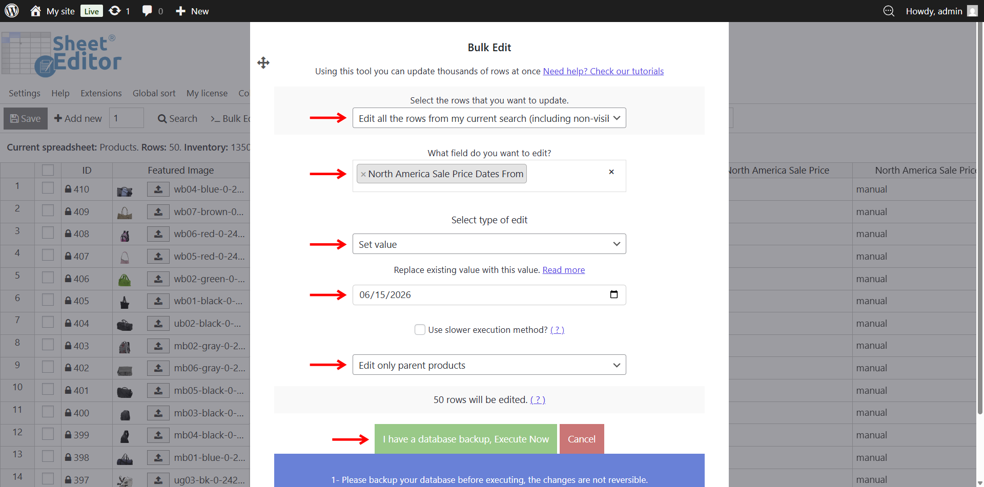 Bulk Edit tool configured to set Central America Sale Price Dates From to June 5 2020 for all selected WooCommerce products