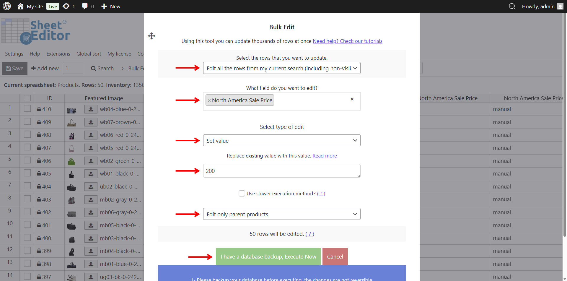 Bulk Edit tool configured to set North America Sale Price to 200 for all selected WooCommerce products