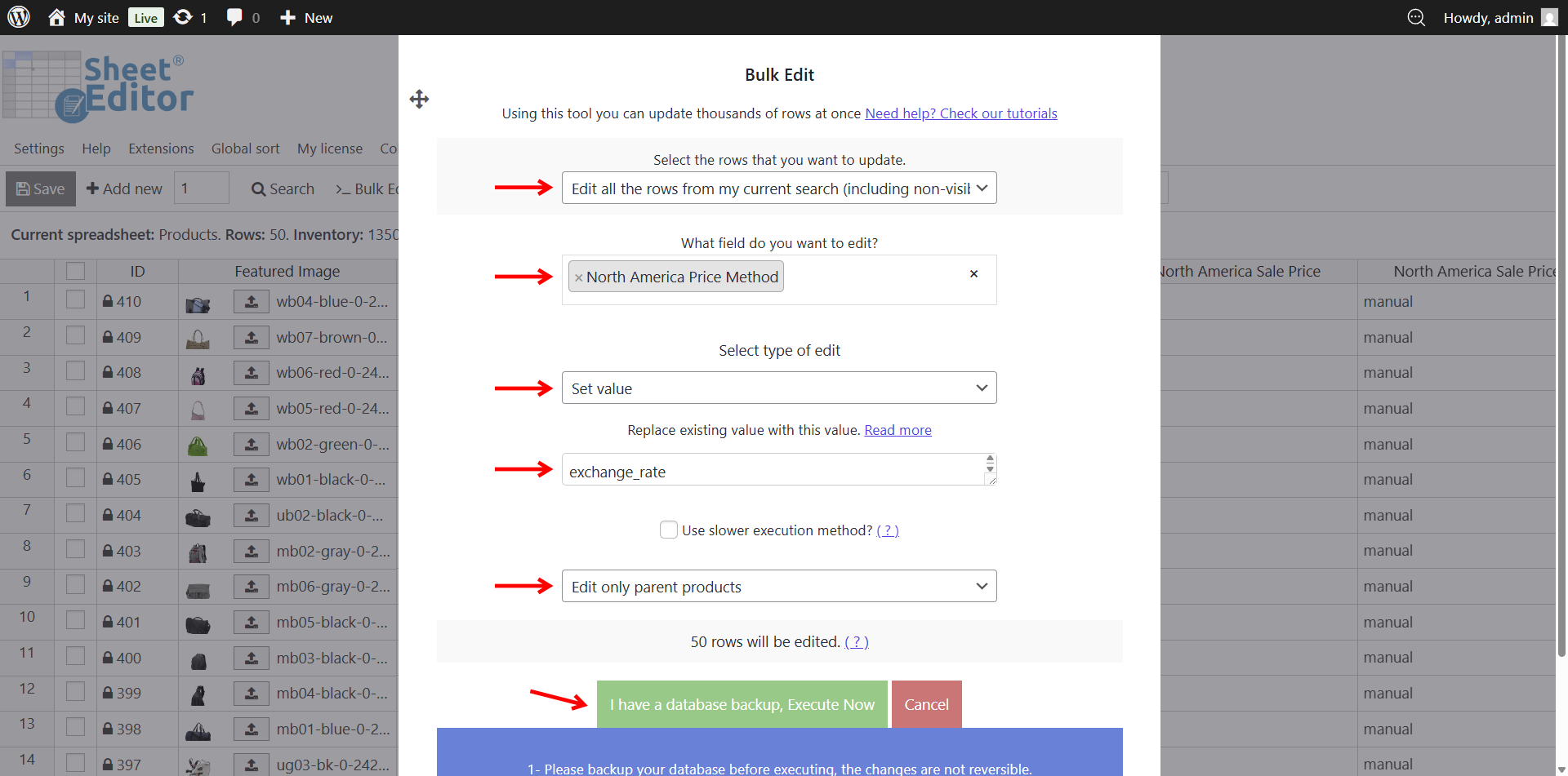 Bulk Edit tool configured to set Central America Price Method to manual for all filtered WooCommerce products