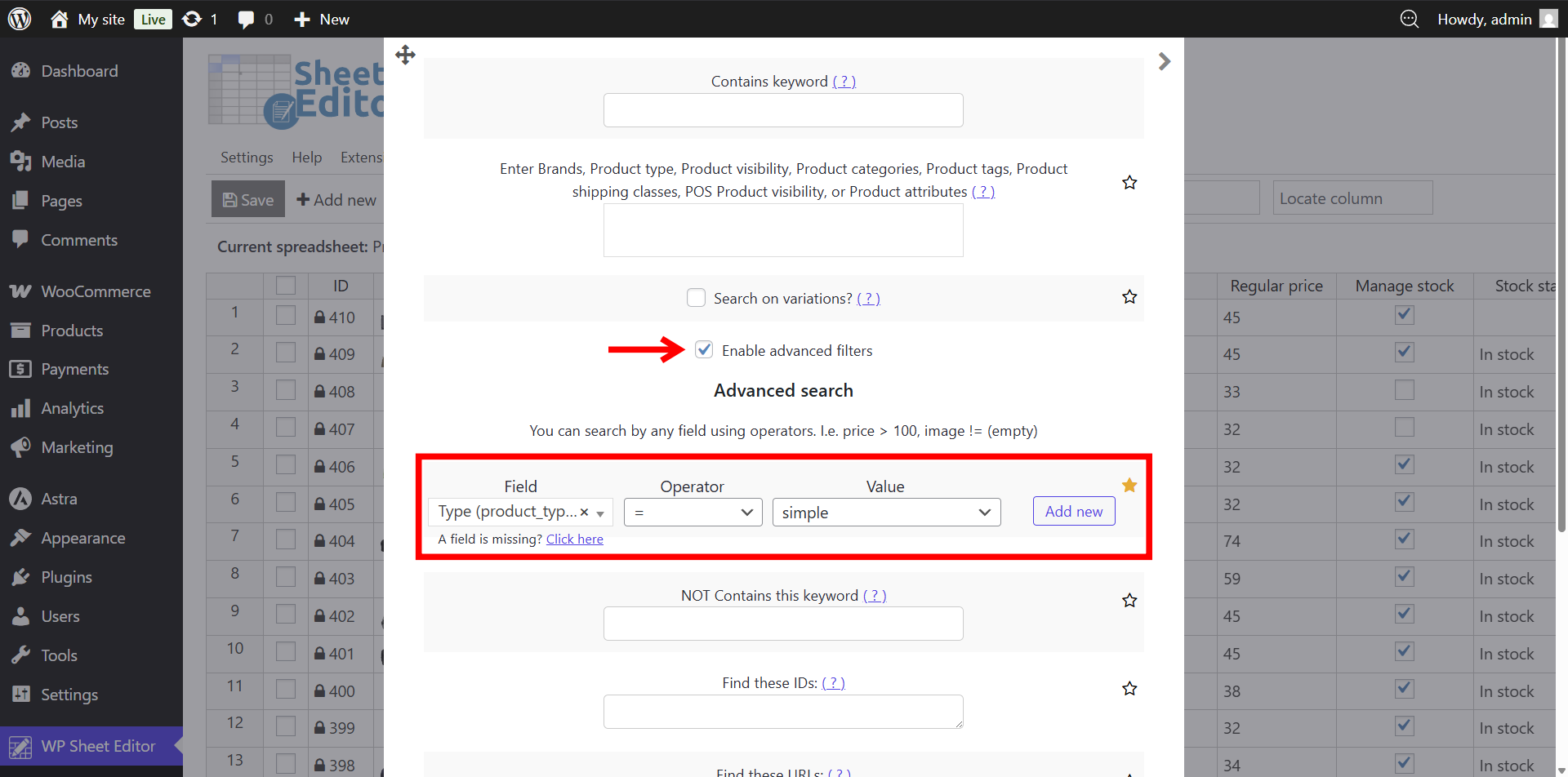 advanced filter setup to search for simple woocommerce products to increase prices by percentage