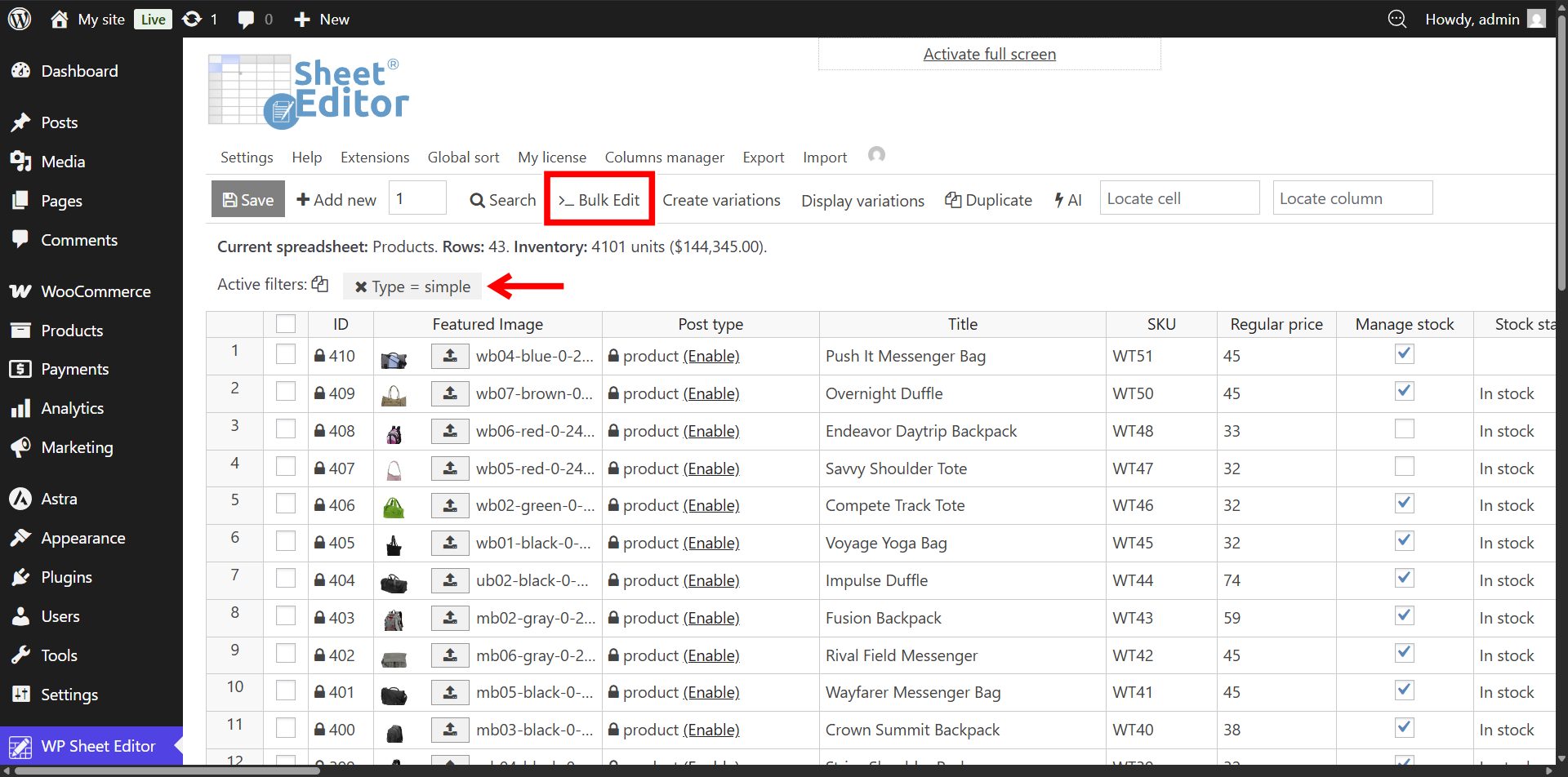 Location of the bulk edit button in the spreadsheet interface