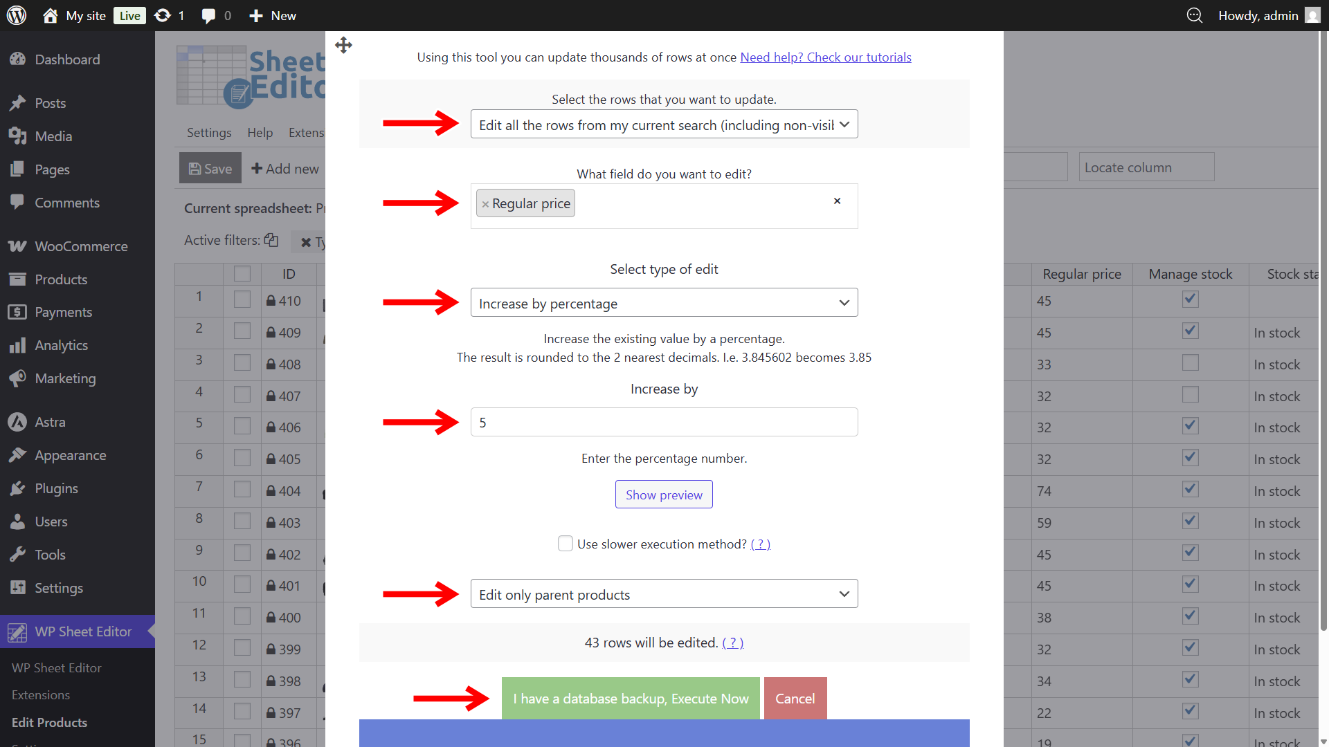 Bulk edit window configuration to increase regular price by 5 percent for parent products only