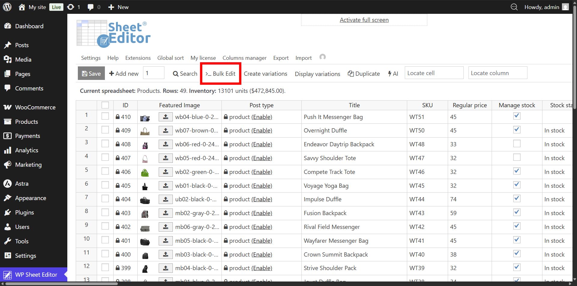 Opening the bulk edit tool to modify product variations